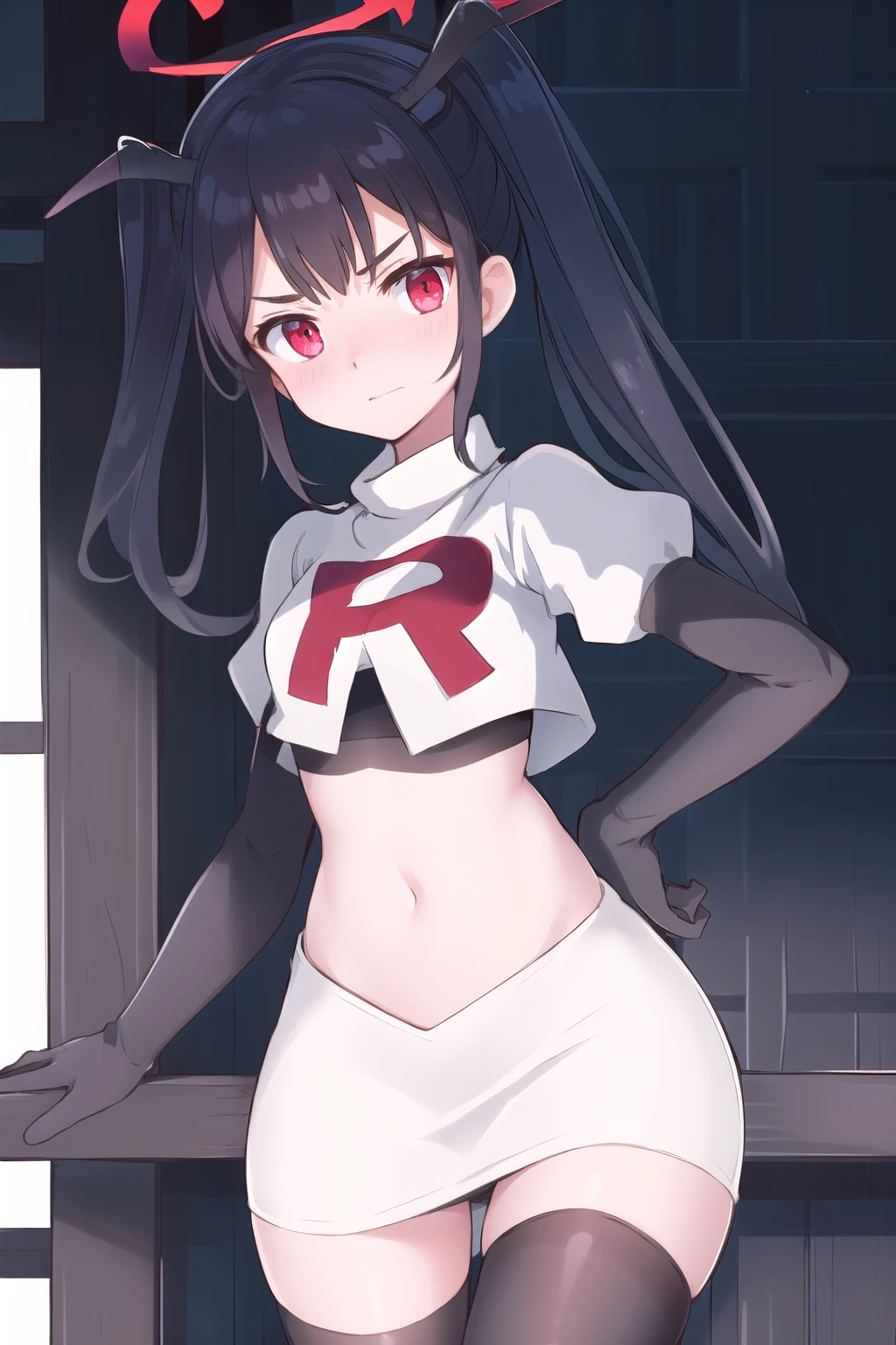 fuukadef, team rocket,team rocket uniform,white skirt,red letter R,crop top,black thigh-highs,black elbow gloves, blush, looking at viewer,moody lighting, facing viewer,