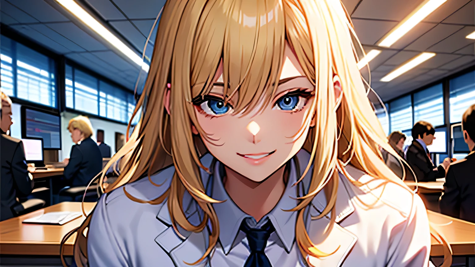 ((highest quality)), ((masterpiece)), (detailed), Perfect Face、office、desk work、blonde、Smooth Hair、business suit、White shirt、interview、smile、