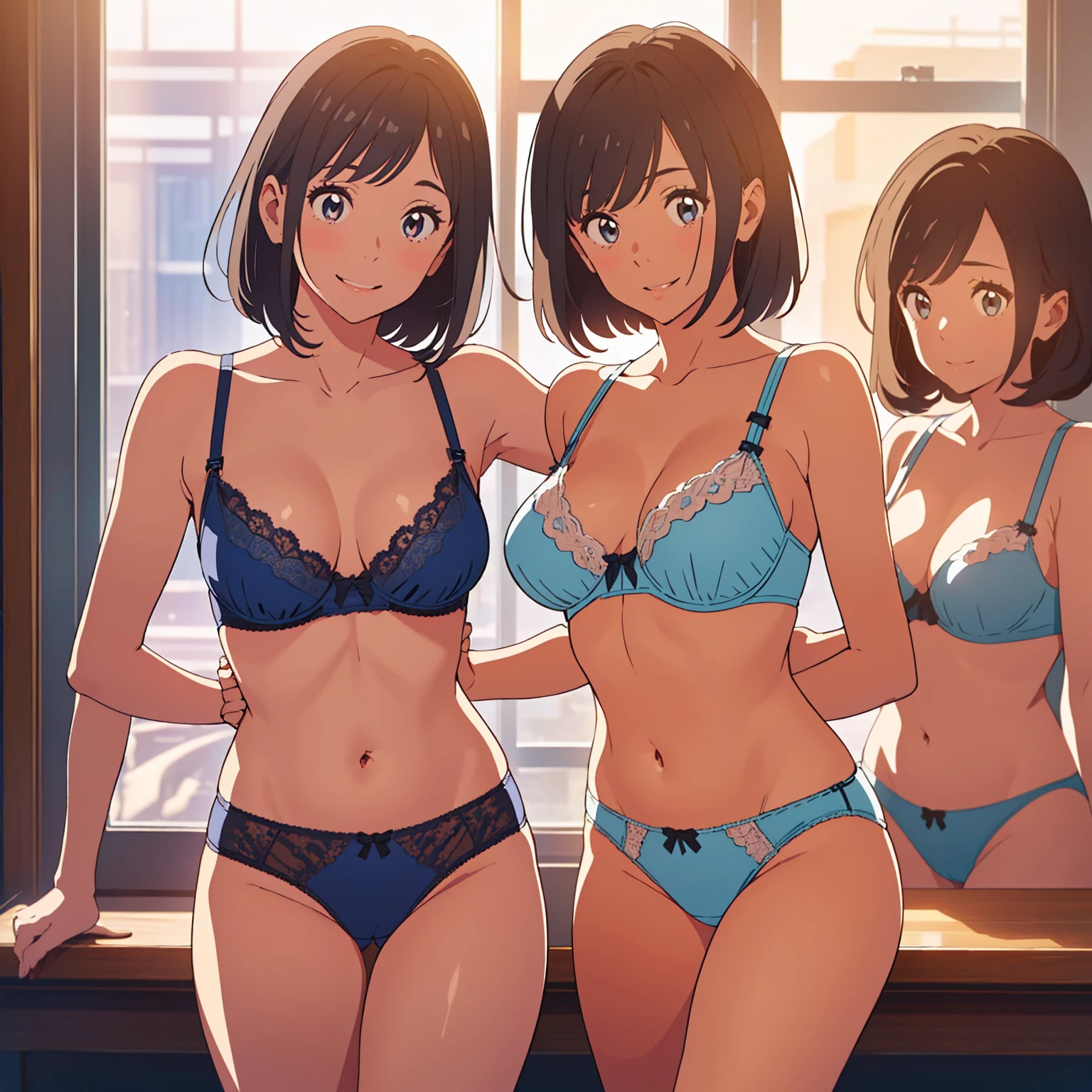 masterpiece, top quality, ((((Incredibly ridiculous)))), ((Absurd)), Extremely delicate and beautiful, Anime style, (Three female teachers in underwear), perfect-composition, cowboy shot, blue bra, blue panties, extremely detailed texture, (((threads of the seams for panties crotch is clearly visible))), short bob cuts, Slender figure, well-shaped nose, Double eyelids, clear and beautiful face and well-proportioned big eyes, (A smile), bloom, In lingerie shop