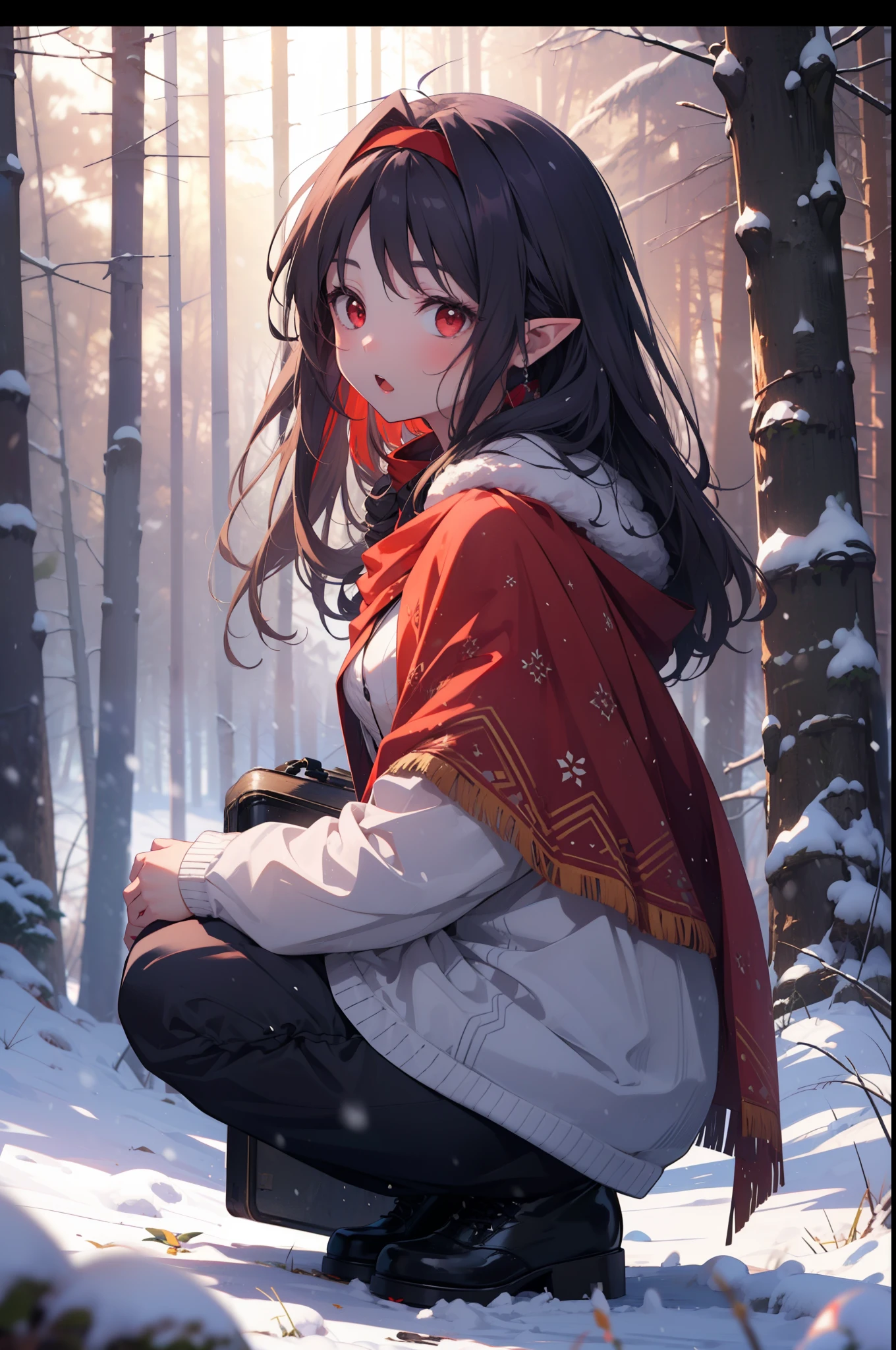 yuukikonno, Yuki Konno, hair band, Long Hair, Pointy Ears, Purple Hair, (Red eyes:1.5), (Small breasts:1.2), Open your mouth,snow,fire, Outdoor, boots, snowing, From the side, wood, suitcase, Cape, Blurred, forest, nature, Brown eyes, Squat, Mouth closed, フードed Cape, winter, Written boundary depth, Black shoes, red Cape
break looking at viewer, Upper Body, whole body,
break Outdoor, forest, nature,
break (masterpiece:1.2), highest quality, High resolution, unity 8k wallpaper, (shape:0.8), (Fine and beautiful eyes:1.6), Highly detailed face, Perfect lighting, Highly detailed CG, (Perfect hands, Perfect Anatomy),