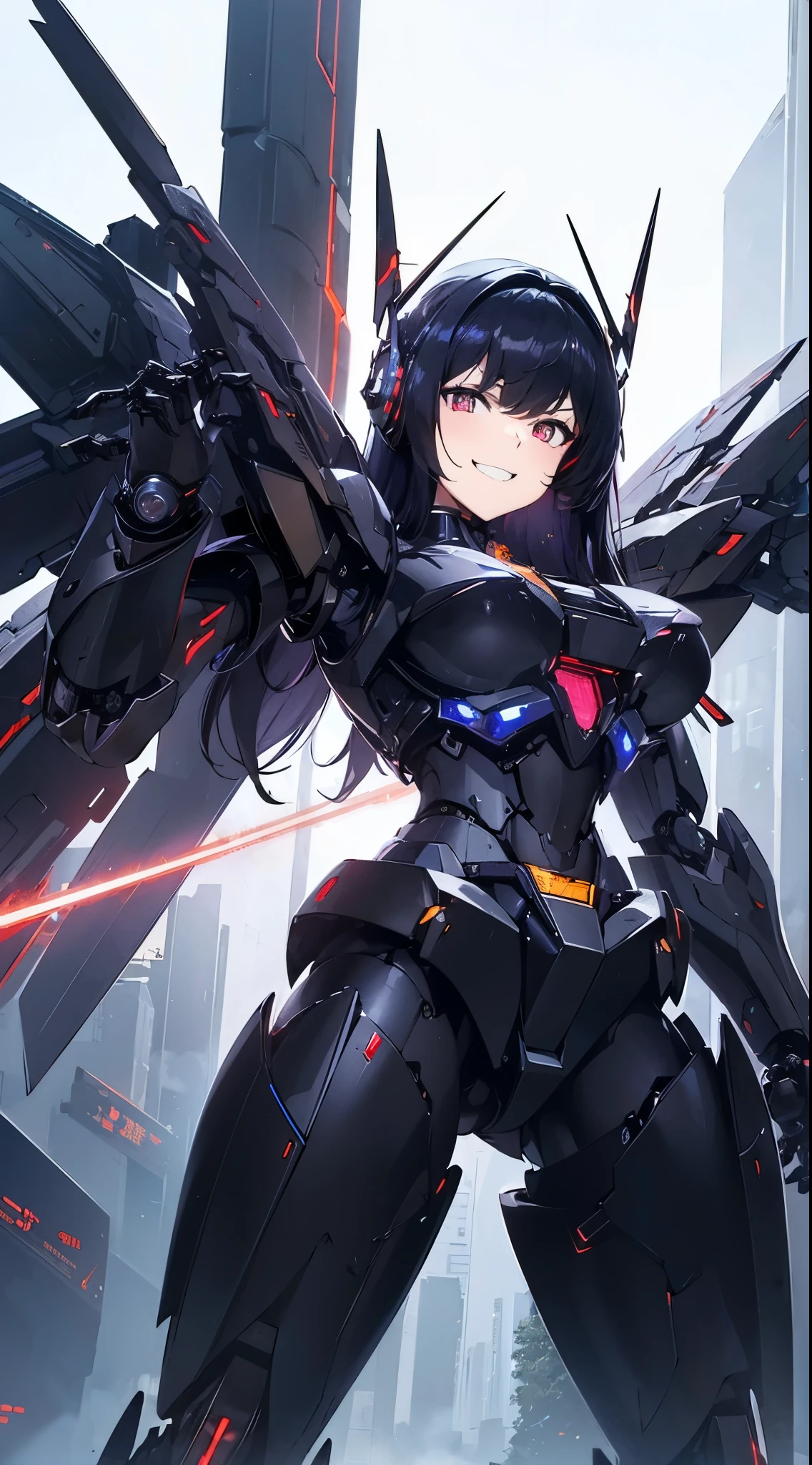 Machine eyes glowing red、Grinning