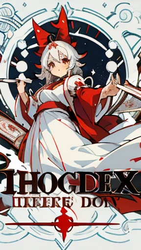 Reimu hakurei, busto pequeno, 1 garota, 10 anos de idade, sorrindo, Roupas sacerdotisa japonesa, dynamic pose, fundo branco, manga cover style, Sanctuary in the background, escrito Gensokyo Densetsu na forma de um logo no canto inferior.