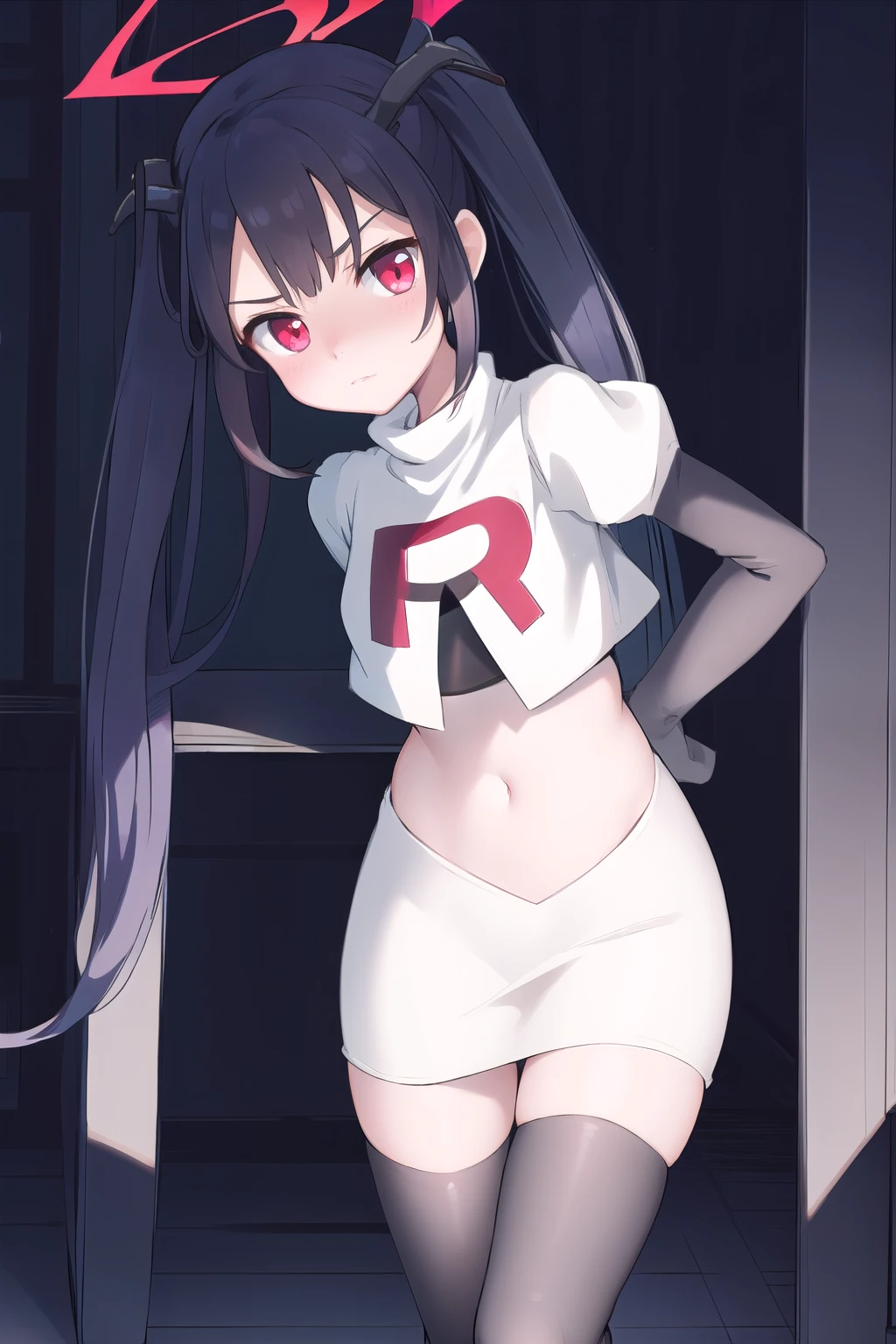 fuukadef, team rocket,team rocket uniform,white skirt,red letter R,crop top,black thigh-highs,black elbow gloves, blush,  looking at viewer,moody lighting, facing viewer,
