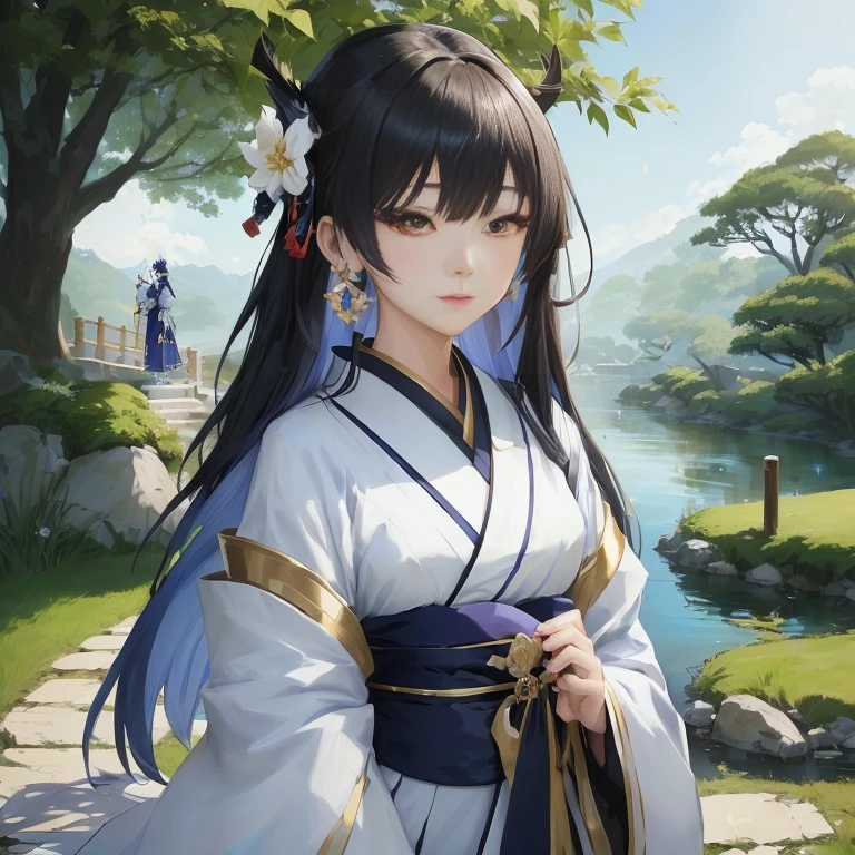 anime girl in a white kimono with a blue and gold sash, ayaka genshin impact, keqing from genshin impact, cute anime waifu in a nice dress, onmyoji portrait, zhongli from genshin impact, genshin, palace ， a girl in hanfu, ayaka game genshin impact, smooth anime cg art, characters from azur lane