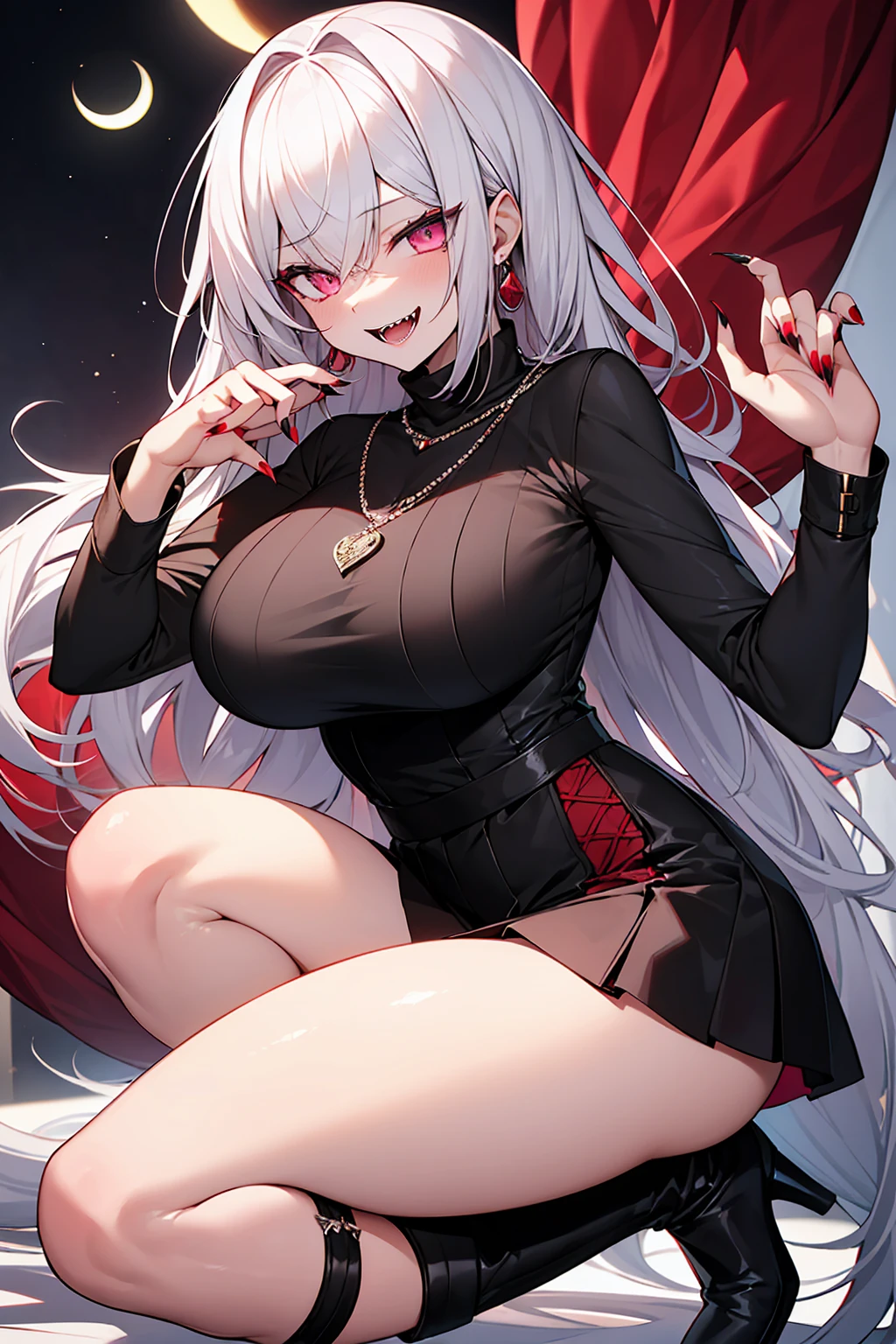  highest quality、4K、masterpiece、Silver Hair、Slanted Eyes、Pink Eyes、Pale skin、vampire、Black long sleeve knit、ruby ​​necklace、Big Breasts、Short skirt、Knee-high boots、sexy、Sharp Fangs、Insanity、Cruel、attack、darkness、Ahegao、Red nails、Bad Smile、Red full moon