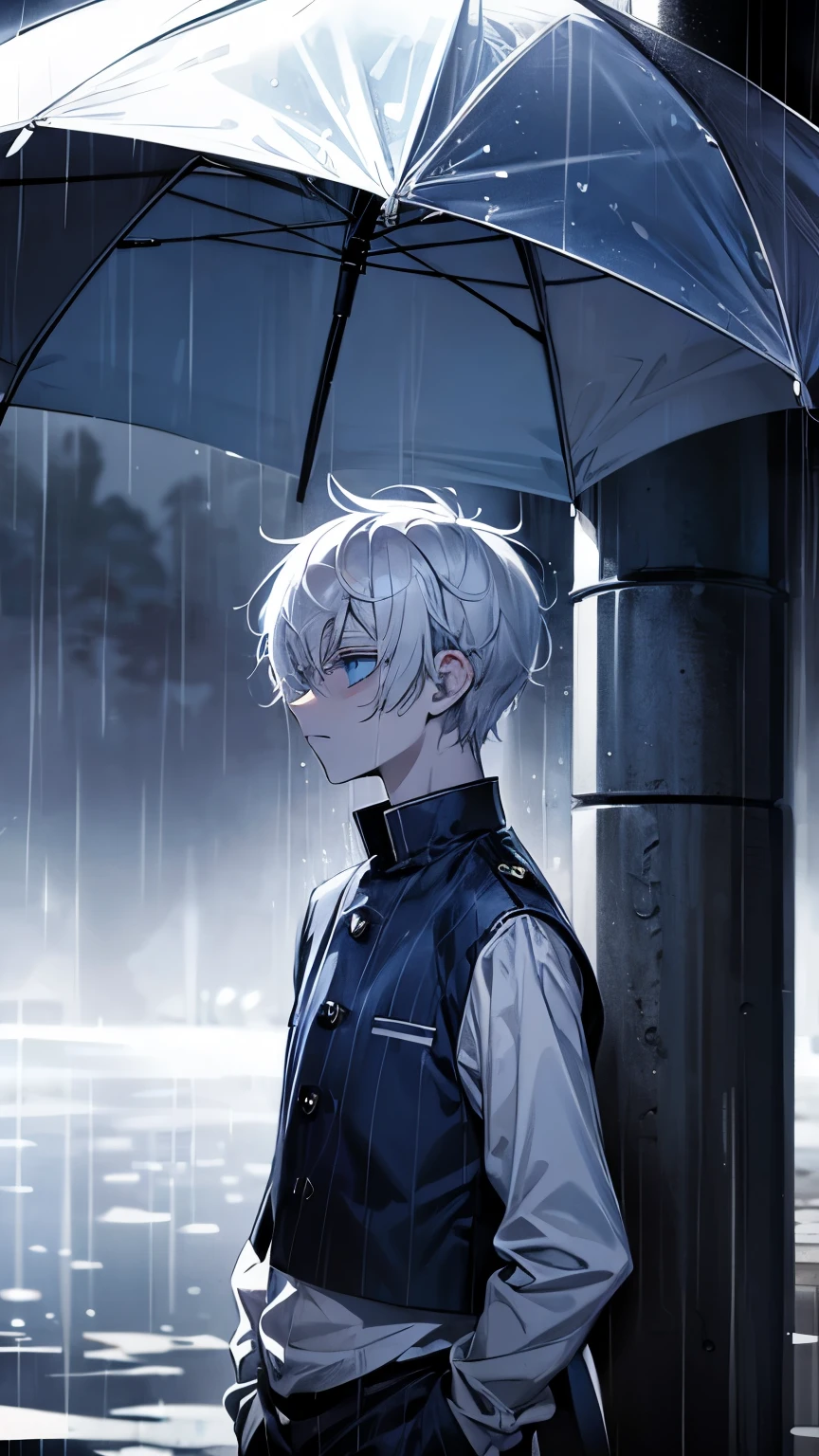 Blue eyes, white hair, male, ager, short hair, depressed, sad, emo, emotionless, tired, stressed, under the rain, hopeless