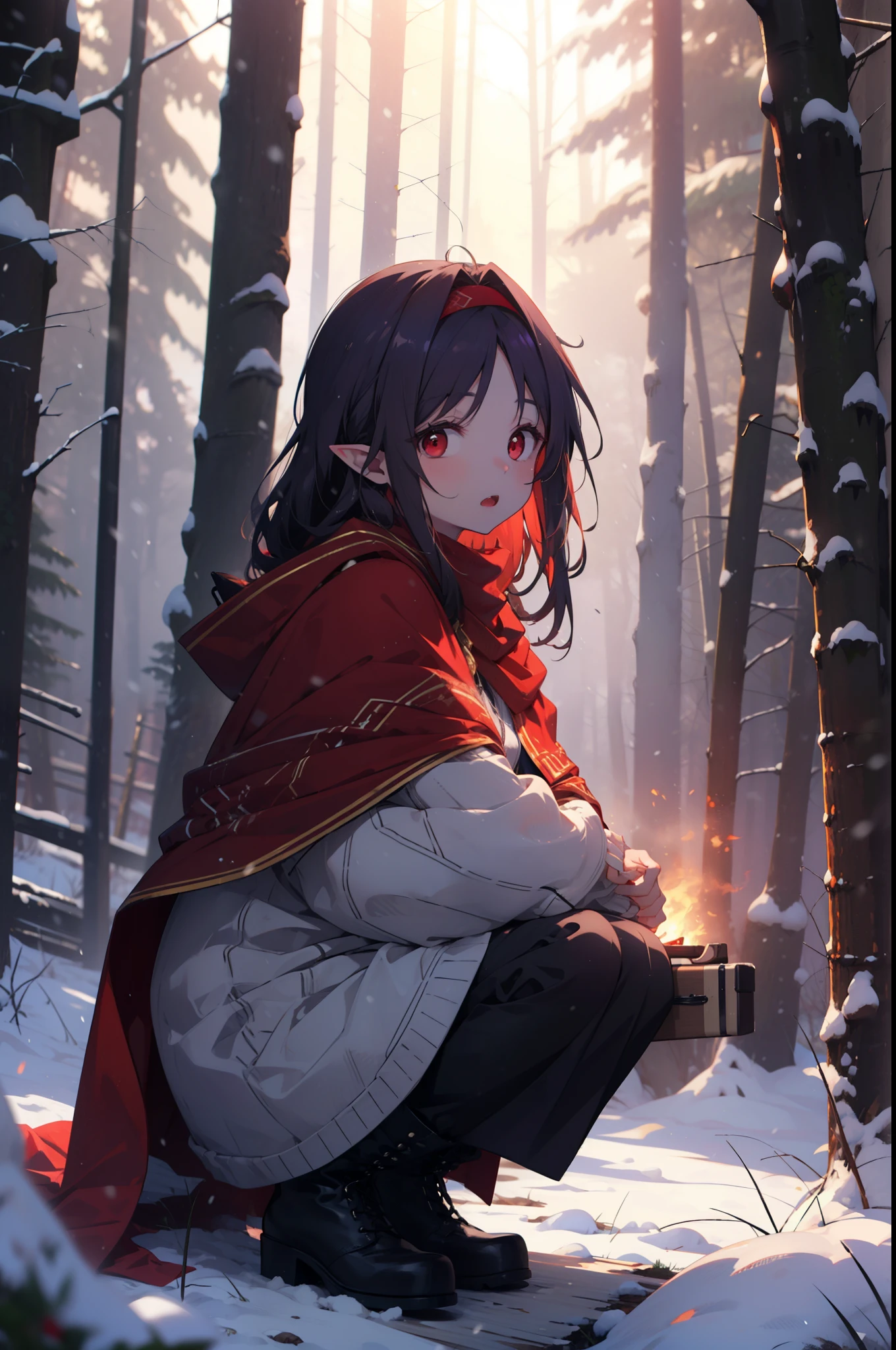 yuukikonno, Yuki Konno, hair band, Long Hair, Pointy Ears, Purple Hair, (Red eyes:1.5), (Small breasts:1.2), Open your mouth,snow,fire, Outdoor, boots, snowing, From the side, wood, suitcase, Cape, Blurred, forest, nature, Brown eyes, Squat, Mouth closed, フードed Cape, winter, Written boundary depth, Black shoes, red Cape
break looking at viewer, Upper Body, whole body,
break Outdoor, forest, nature,
break (masterpiece:1.2), highest quality, High resolution, unity 8k wallpaper, (shape:0.8), (Fine and beautiful eyes:1.6), Highly detailed face, Perfect lighting, Highly detailed CG, (Perfect hands, Perfect Anatomy),