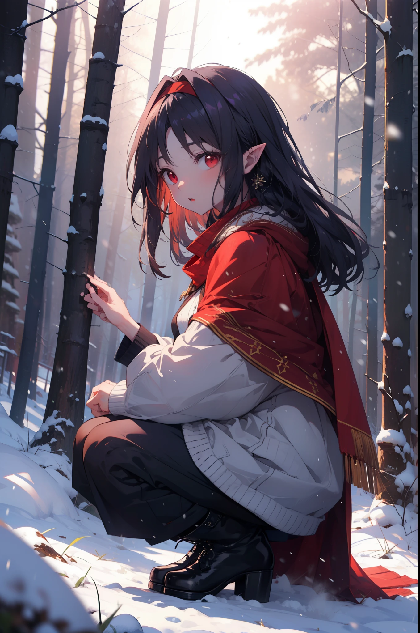 yuukikonno, Yuki Konno, hair band, Long Hair, Pointy Ears, Purple Hair, (Red eyes:1.5), (Small breasts:1.2), Open your mouth,snow,fire, Outdoor, boots, snowing, From the side, wood, suitcase, Cape, Blurred, forest, nature, Brown eyes, Squat, Mouth closed, フードed Cape, winter, Written boundary depth, Black shoes, red Cape
break looking at viewer, Upper Body, whole body,
break Outdoor, forest, nature,
break (masterpiece:1.2), highest quality, High resolution, unity 8k wallpaper, (shape:0.8), (Fine and beautiful eyes:1.6), Highly detailed face, Perfect lighting, Highly detailed CG, (Perfect hands, Perfect Anatomy),