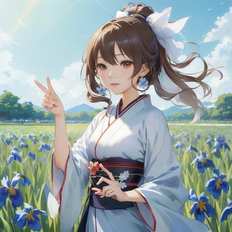anime girl in a kimono outfit in a field of flowers, official artwork, anime style 4 k, beautiful anime portrait, official art, smooth anime cg art, rin, beautiful anime girl, official anime artwork, makoto shinkai and artgerm, high detailed official artwork, beautiful anime, beautiful anime artwork, anime visual of a cute girl, digital anime art