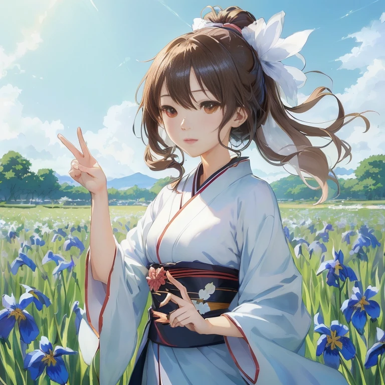 anime girl in a kimono outfit in a field of flowers, official artwork, anime style 4 k, beautiful anime portrait, official art, smooth anime cg art, rin, beautiful anime girl, official anime artwork, makoto shinkai and artgerm, high detailed official artwork, beautiful anime, beautiful anime artwork, anime visual of a cute girl, digital anime art