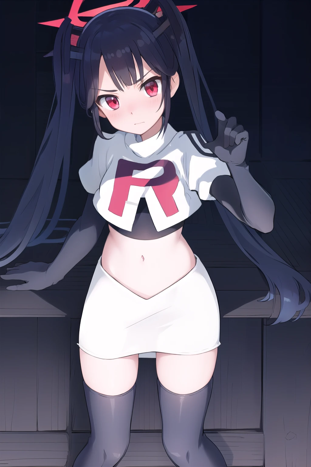 fuukadef, team rocket,team rocket uniform,white skirt,red letter R,crop top,black thigh-highs,black elbow gloves, blush, looking at viewer,moody lighting, facing viewer,