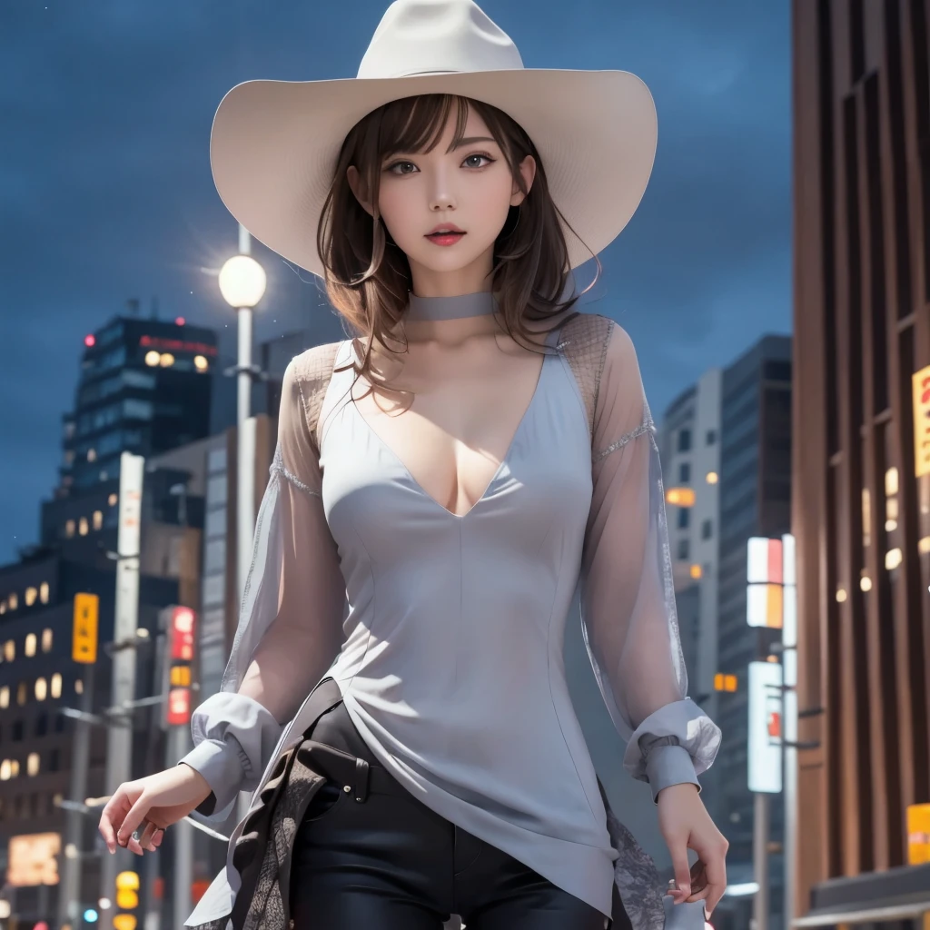 Anthropomorphic cat with purple eyes in a gray stetson cowboy hat in a cyberpunk city at night, smoking a cigarette, (masterpiece, Highest quality, Highest, Official Art, beautifully、beautiful, Long exposure: 1.2), Smooth movement, Attractive patterns, blush, Portraiture, alone, Upper Body, Observing the observer, Detailed background, Detailed face, Controlling the wind, Dynamic pose, Aether Dynamics, background, Great atmosphere