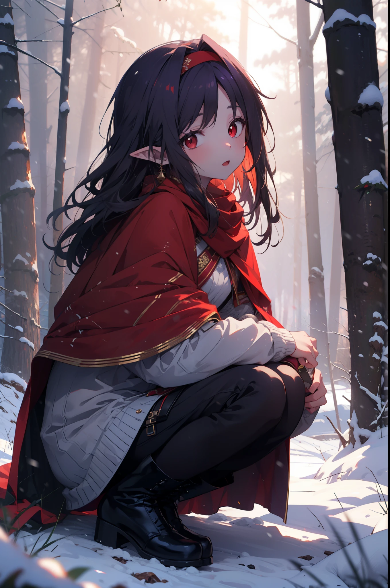 yuukikonno, Yuki Konno, hair band, Long Hair, Pointy Ears, Purple Hair, (Red eyes:1.5), (Small breasts:1.2), Open your mouth,snow,fire, Outdoor, boots, snowing, From the side, wood, suitcase, Cape, Blurred, forest, nature, Brown eyes, Squat, Mouth closed, フードed Cape, winter, Written boundary depth, Black shoes, red Cape
break looking at viewer, Upper Body, whole body,
break Outdoor, forest, nature,
break (masterpiece:1.2), highest quality, High resolution, unity 8k wallpaper, (shape:0.8), (Fine and beautiful eyes:1.6), Highly detailed face, Perfect lighting, Highly detailed CG, (Perfect hands, Perfect Anatomy),