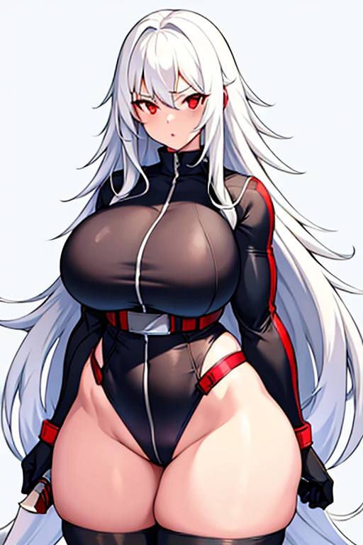 1girl, white hair, long hair, red eyes, serious, glowing eyes, large breasts, thick thighs, mature female, athletic  female, toned, leotard, black leotard, thighhighs, belt, knife