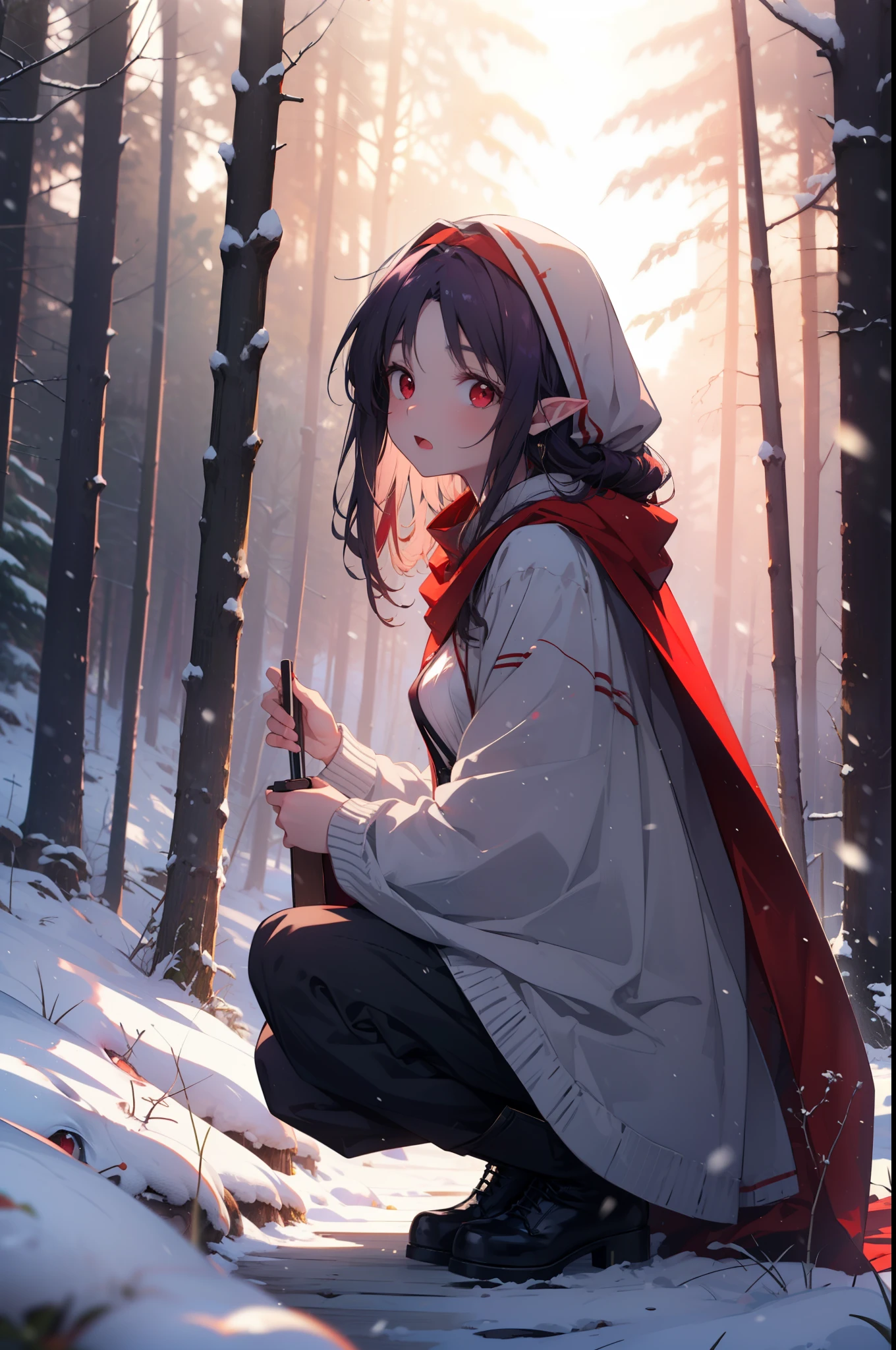 yuukikonno, Yuki Konno, hair band, Long Hair, Pointy Ears, Purple Hair, (Red eyes:1.5), (Small breasts:1.2), Open your mouth,snow,fire, Outdoor, boots, snowing, From the side, wood, suitcase, Cape, Blurred, forest, nature, Brown eyes, Squat, Mouth closed, フードed Cape, winter, Written boundary depth, Black shoes, red Cape
break looking at viewer, Upper Body, whole body,
break Outdoor, forest, nature,
break (masterpiece:1.2), highest quality, High resolution, unity 8k wallpaper, (shape:0.8), (Fine and beautiful eyes:1.6), Highly detailed face, Perfect lighting, Highly detailed CG, (Perfect hands, Perfect Anatomy),