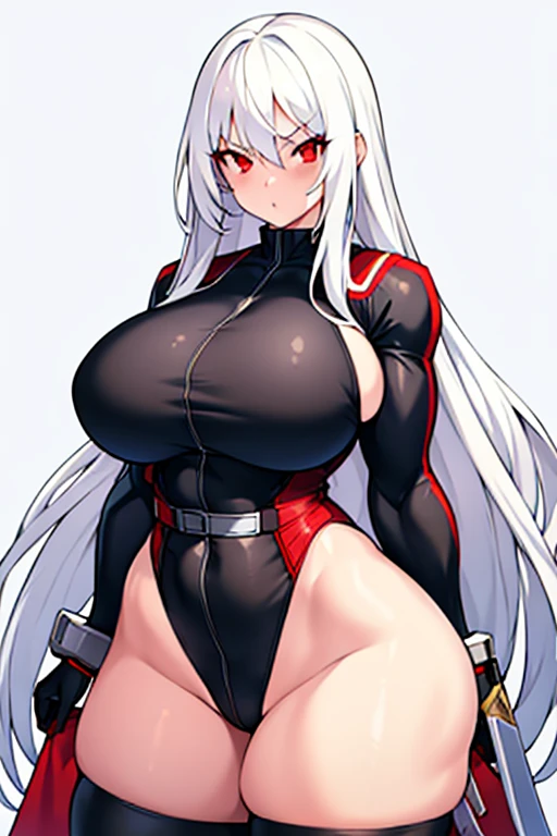 1girl, white hair, long hair, red eyes, serious, glowing eyes, large breasts, thick thighs, mature female, athletic female, toned, leotard, black leotard, thighhighs, belt, knife