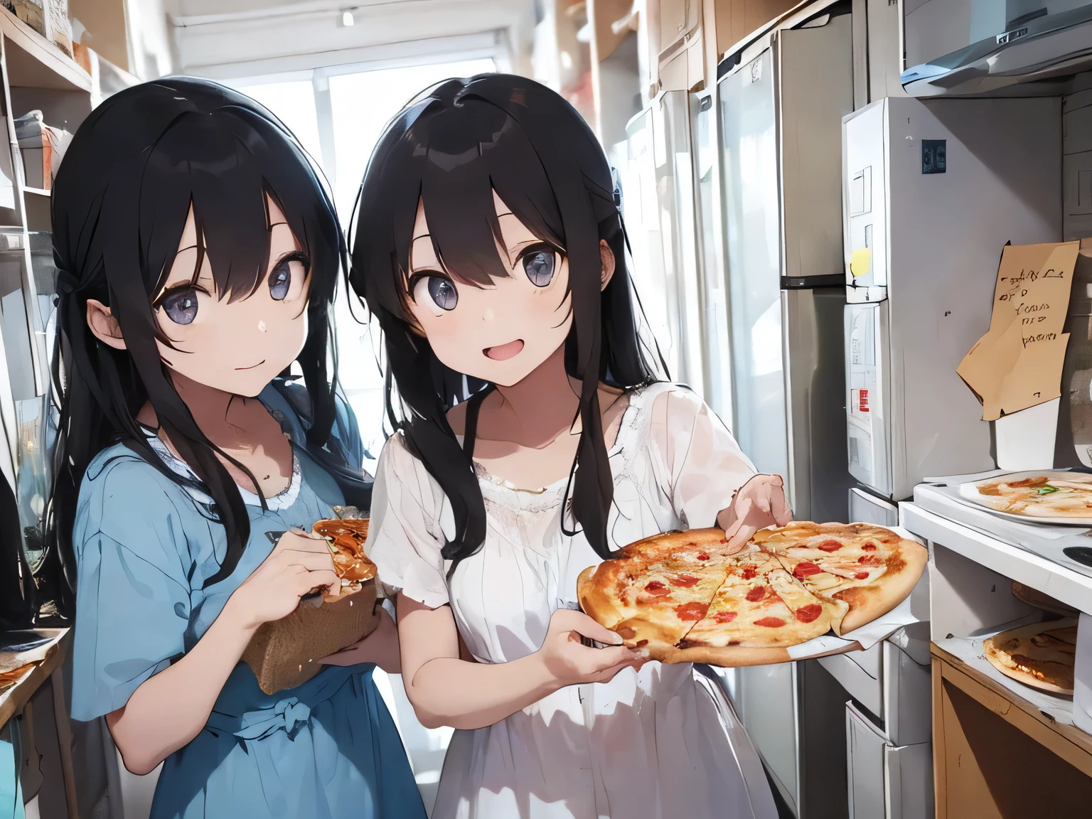 Sisters at a pizza party、Long black hair、Light blue shirt dress、barefoot、Big win with a winning ticket