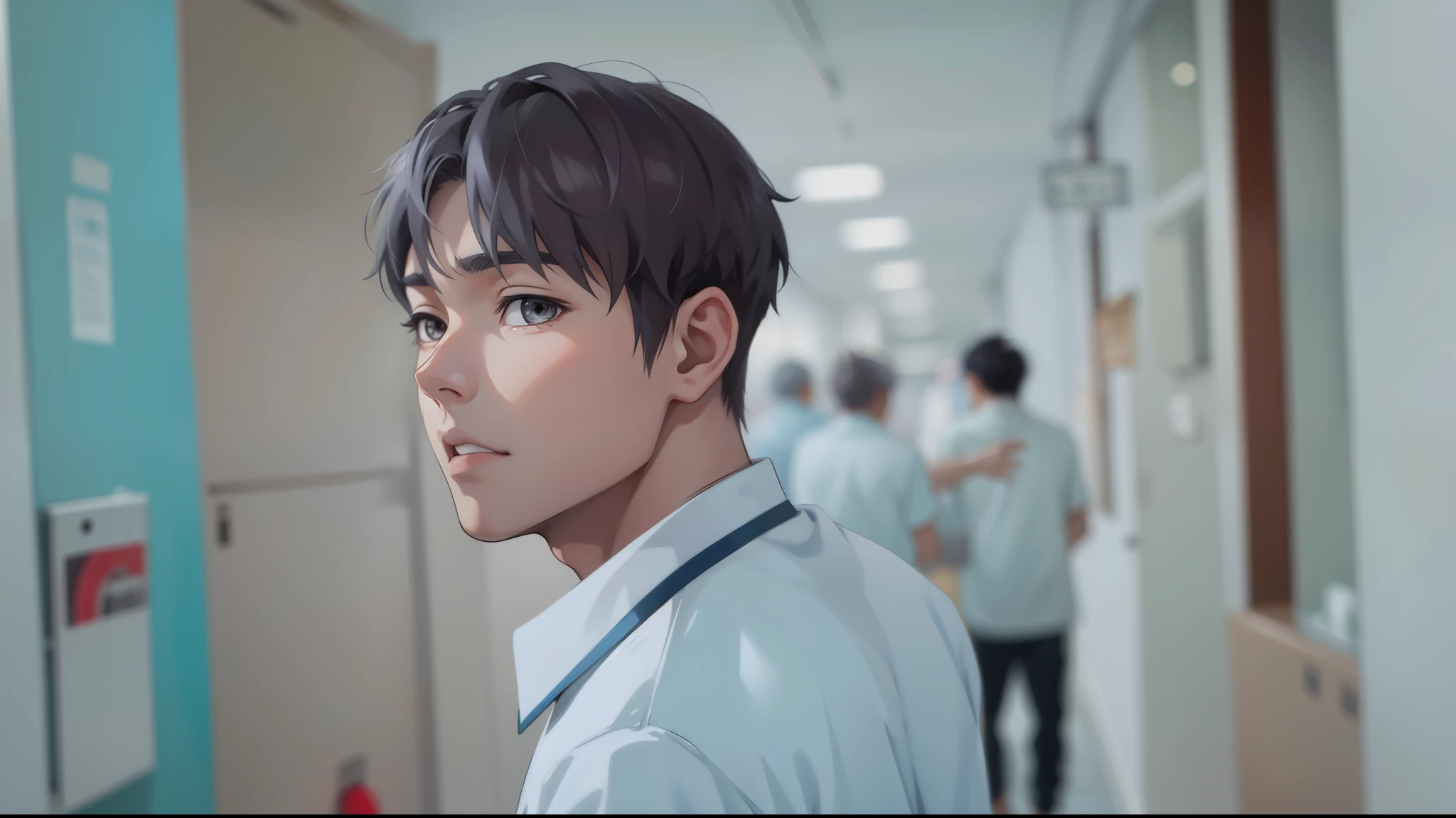 (estilo anime 2d plano)cute 16 year old boy is talking sad remembering something gray eyes gray hair