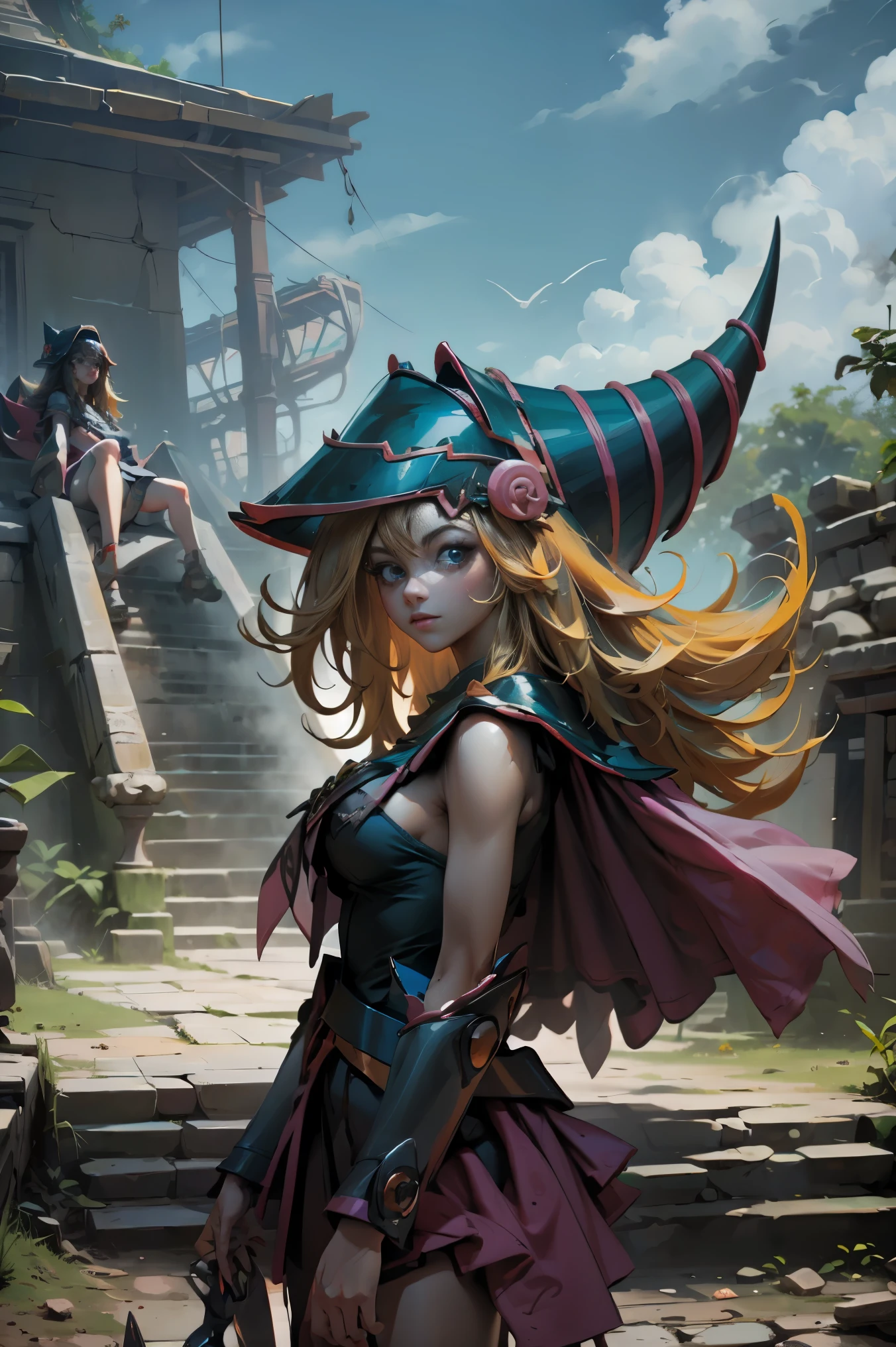 Hermosa dark magician gils. ella esta en la jungla maya. En medio de las ruinas mayas de Tikal.
