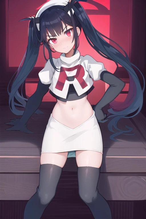 fuukadef, team rocket,team rocket uniform,white skirt,red letter R,crop top,black thigh-highs,black elbow gloves, blush, looking at viewer,moody lighting, facing viewer,