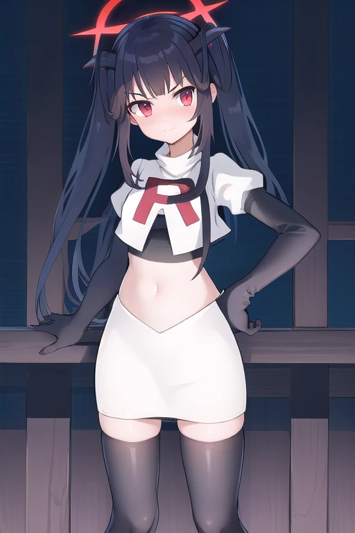 fuukadef, team rocket,team rocket uniform,white skirt,red letter R,crop top,black thigh-highs,black elbow gloves, blush, looking at viewer,moody lighting, facing viewer,