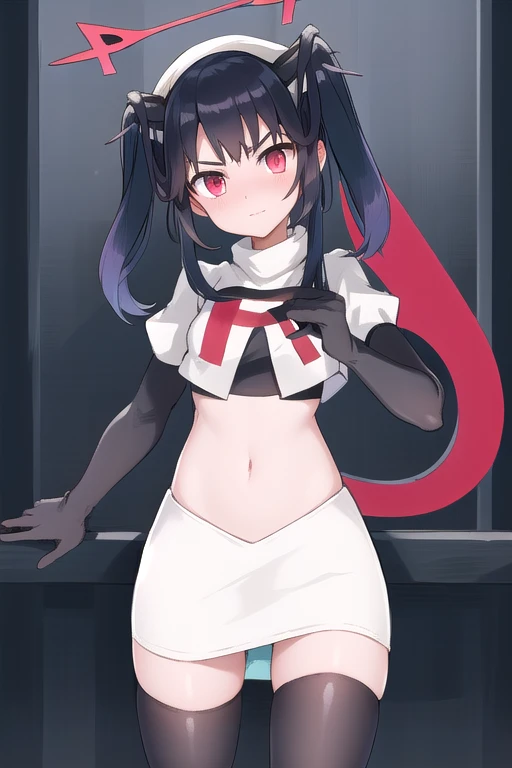 fuukadef, team rocket,team rocket uniform,white skirt,red letter R,crop top,black thigh-highs,black elbow gloves, blush,  looking at viewer,moody lighting, facing viewer,
