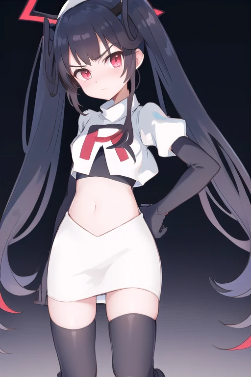 fuukadef, team rocket,team rocket uniform,white skirt,red letter R,crop top,black thigh-highs,black elbow gloves, blush, looking at viewer,moody lighting, facing viewer,