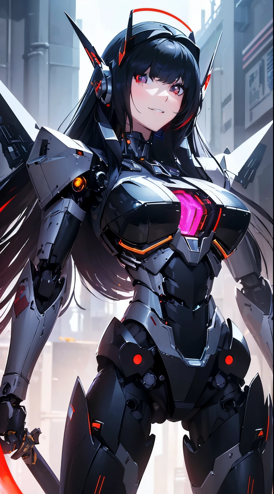 Machine eyes glowing red、((Looking away:1.6))、Grinning