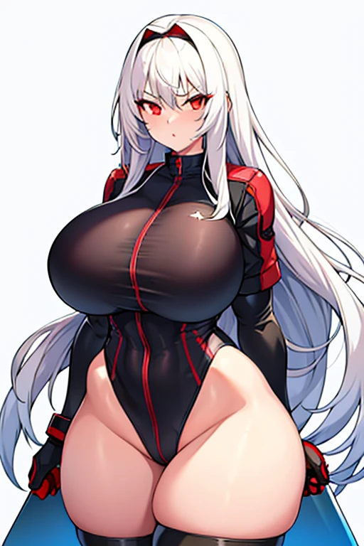 1girl, white hair, long hair, red eyes, serious, glowing eyes, large breasts, thick thighs, mature female, athletic female, toned, leotard, black leotard, thighhighs, belt, knife