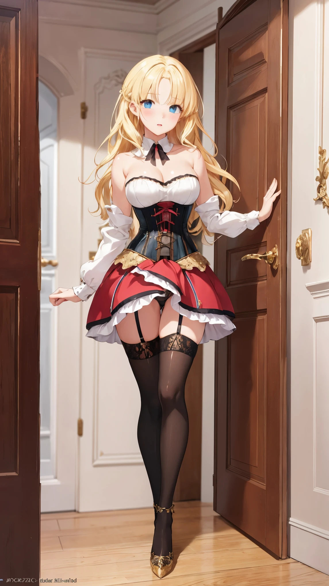 ultra detailed, sharp focus, best quality, masterpiece, colorful, mariacampbell, 1girl, blonde hair, full body shot, blush, intricate details, glossy lips, standing, strapless corset, through door, thigh highs, high heels