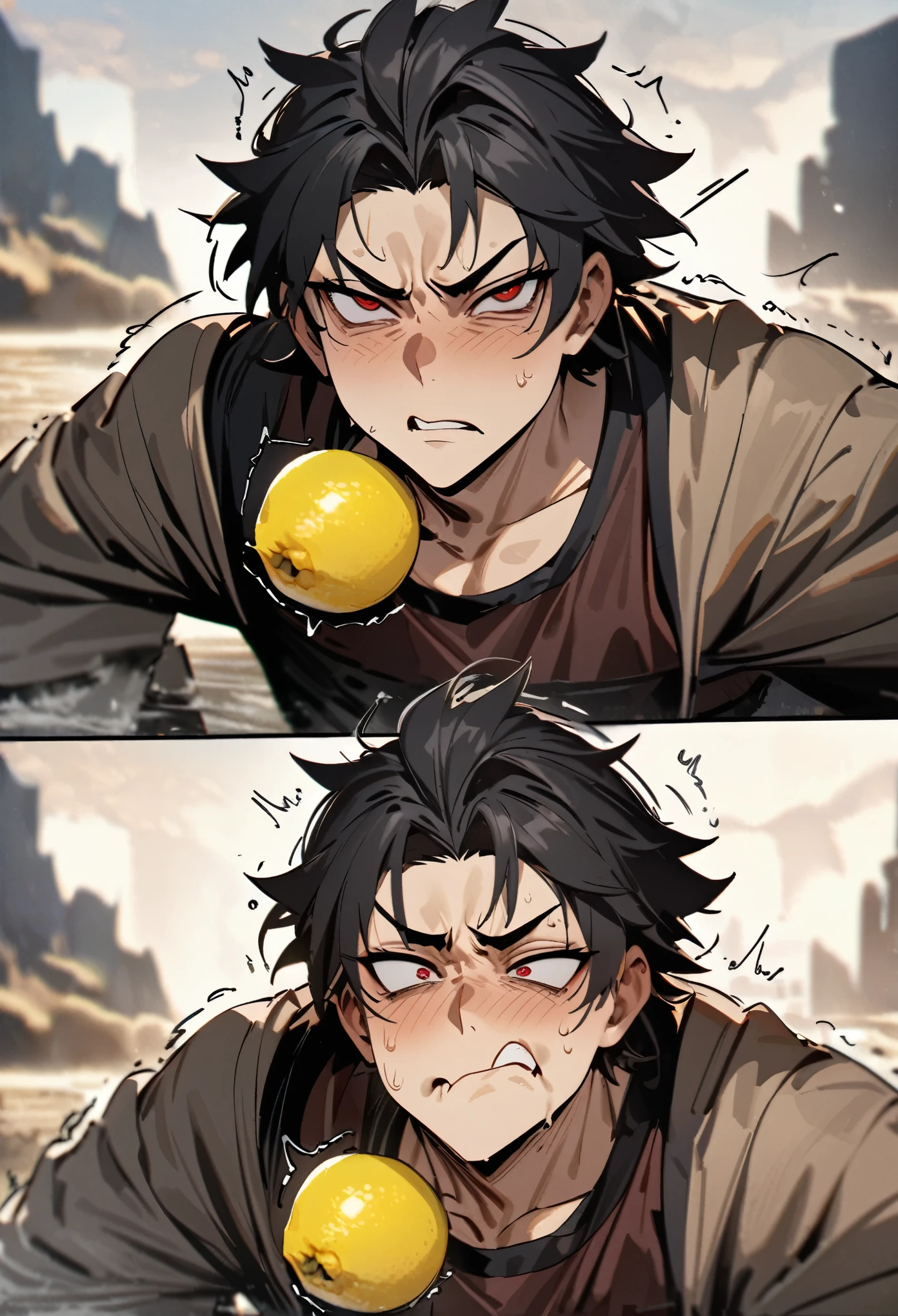 At the moment of challenging to eat lemon, Wang Xiaoming's expression became twisted, his furrowed eyebrows and narrowed eyes revealed sourness, his red eyes and tightly closed lips showed his efforts, and his trembling cheeks and open nostrils were symbols of his struggle against sourness. His face was full of shock and challenge, and the lemon yellow juice added liveliness and realism to the scene. His furrowed eyebrows, squinted eyes, reddish eyes, tightly closed lips, trembling cheeks, open nostrils, sour expression, twisted face, lemon yellow juice, shock and challenge, (masterpiece, best quality:1.2),8K, extremly detailed
