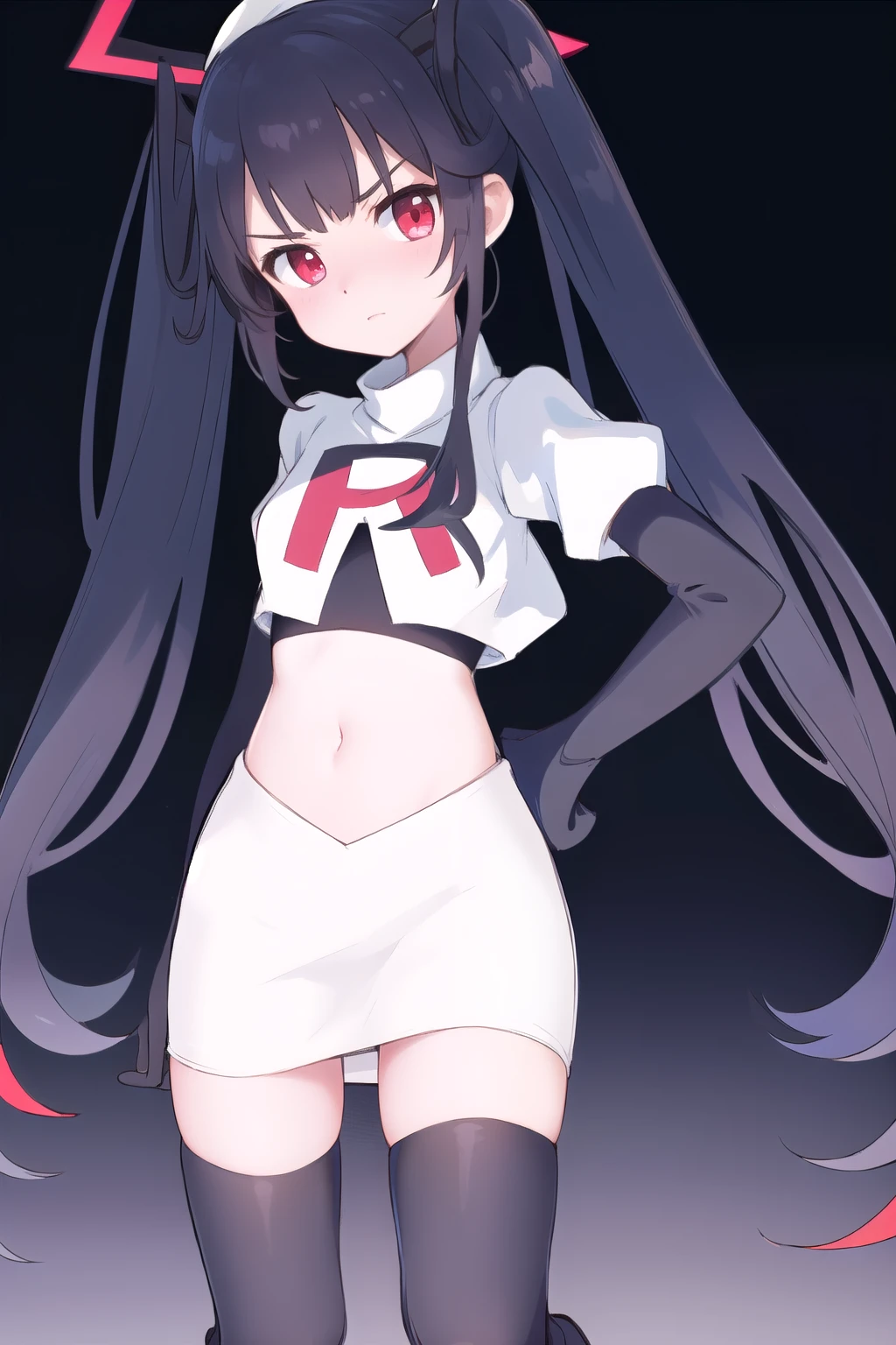 fuukadef, team rocket,team rocket uniform,white skirt,red letter R,crop top,black thigh-highs,black elbow gloves, blush, looking at viewer,moody lighting, facing viewer,