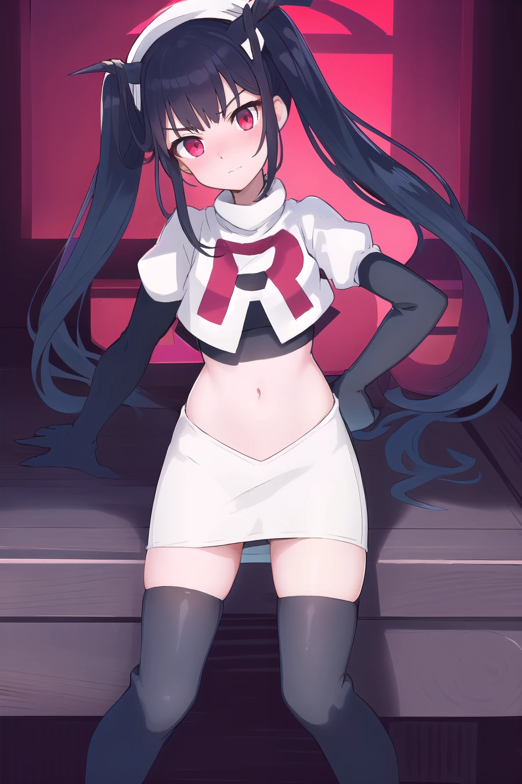 fuukadef, team rocket,team rocket uniform,white skirt,red letter R,crop top,black thigh-highs,black elbow gloves, blush,  looking at viewer,moody lighting, facing viewer,
