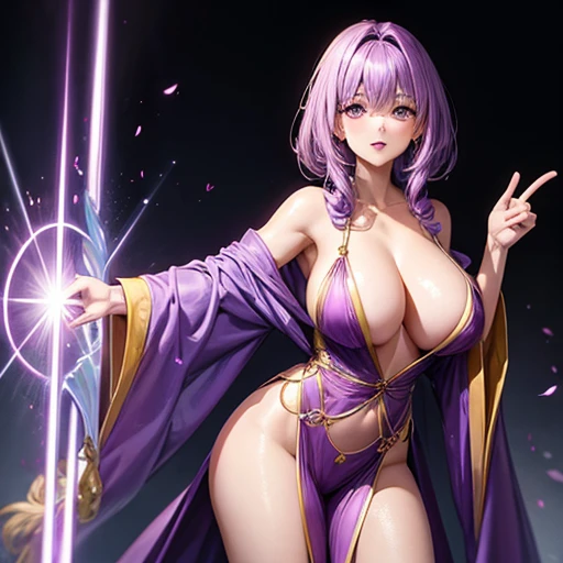 Purple-haired woman in a robe　Has a giant magic wand　Less exposed skin