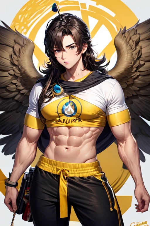 of the aarakocra race, com um cajado dourado, uma pistola na cintura, com asas azuis, com um manto branco grande e uma camisa preta colada, com cabelo azuis , olhos negros, shape em v, forte, musculoso, femboy