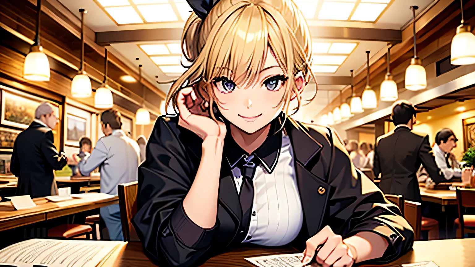 ((highest quality)), ((masterpiece)), (detailed), Perfect Face、Cafe、Negotiations、Papers on the table、blonde、Smooth Hair、ponytail、Black jacket、White shirt、smile、Cowboy Shot、