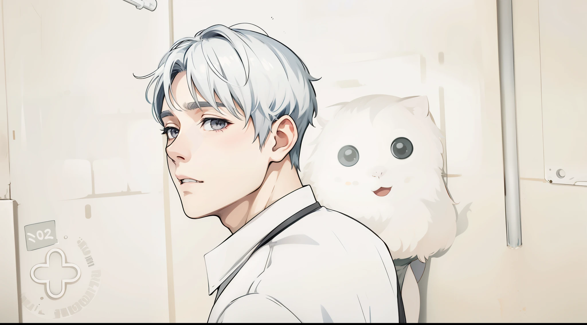 (estilo anime 2d plano)cute 16 year old boy is talking sad remembering something gray eyes gray hair