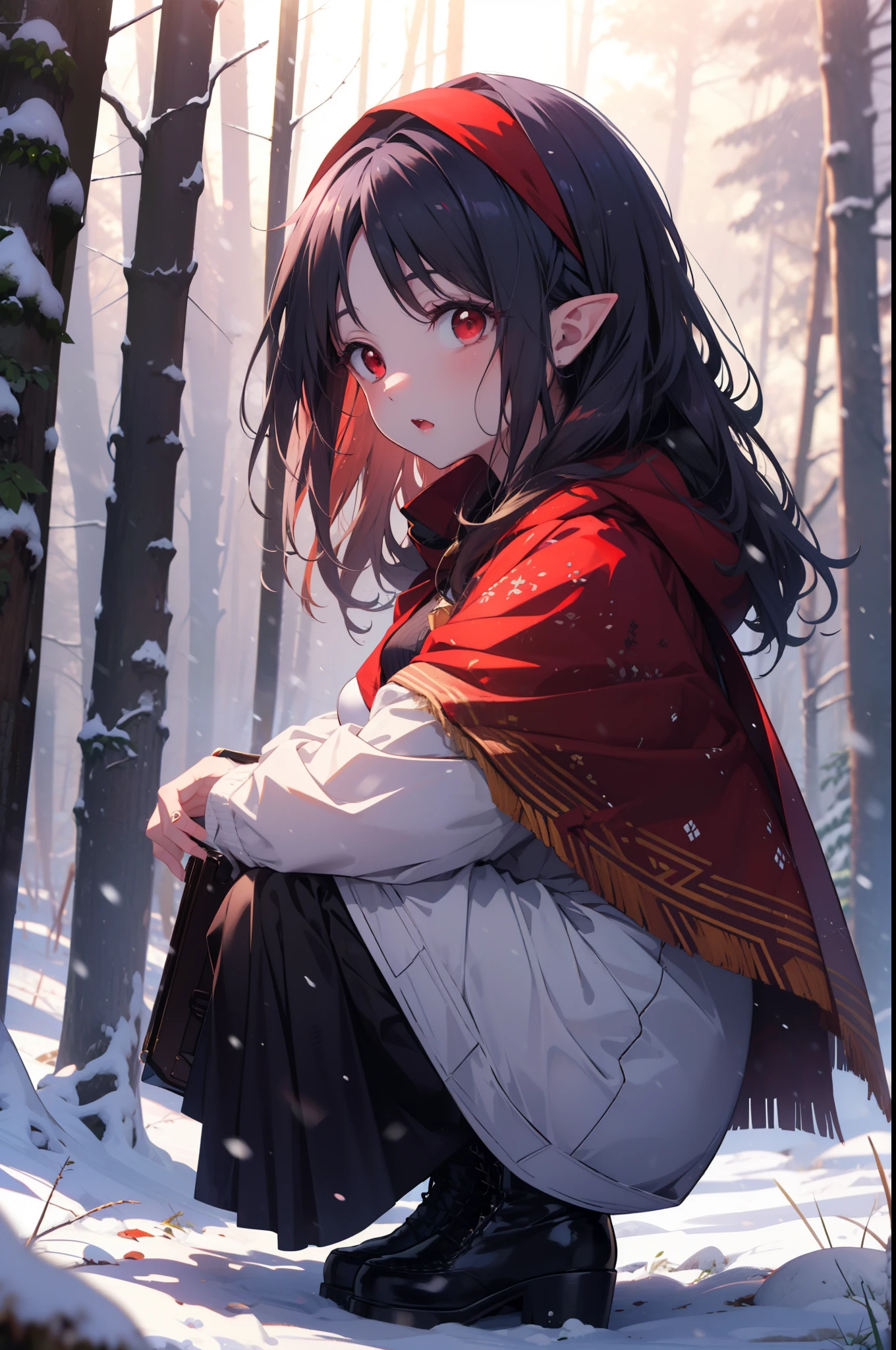 yuukikonno, Yuki Konno, hair band, Long Hair, Pointy Ears, Purple Hair, (Red eyes:1.5), (Small breasts:1.2), Open your mouth,snow,fire, Outdoor, boots, snowing, From the side, wood, suitcase, Cape, Blurred, forest, nature, Brown eyes, Squat, Mouth closed, フードed Cape, winter, Written boundary depth, Black shoes, red Cape
break looking at viewer, Upper Body, whole body,
break Outdoor, forest, nature,
break (masterpiece:1.2), highest quality, High resolution, unity 8k wallpaper, (shape:0.8), (Fine and beautiful eyes:1.6), Highly detailed face, Perfect lighting, Highly detailed CG, (Perfect hands, Perfect Anatomy),