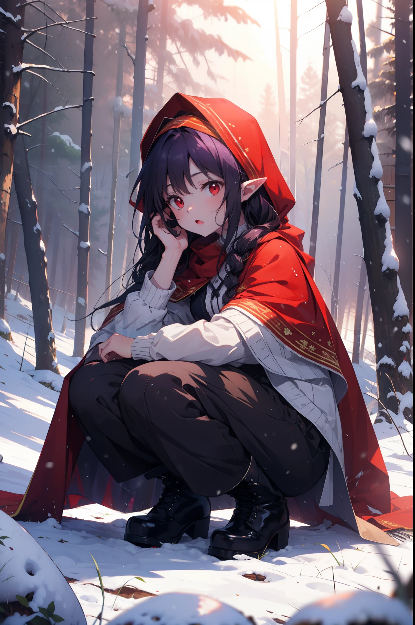 yuukikonno, Yuki Konno, hair band, Long Hair, Pointy Ears, Purple Hair, (Red eyes:1.5), (Small breasts:1.2), Open your mouth,snow,fire, Outdoor, boots, snowing, From the side, wood, suitcase, Cape, Blurred, forest, nature, Brown eyes, Squat, Mouth closed, フードed Cape, winter, Written boundary depth, Black shoes, red Cape
break looking at viewer, Upper Body, whole body,
break Outdoor, forest, nature,
break (masterpiece:1.2), highest quality, High resolution, unity 8k wallpaper, (shape:0.8), (Fine and beautiful eyes:1.6), Highly detailed face, Perfect lighting, Highly detailed CG, (Perfect hands, Perfect Anatomy),