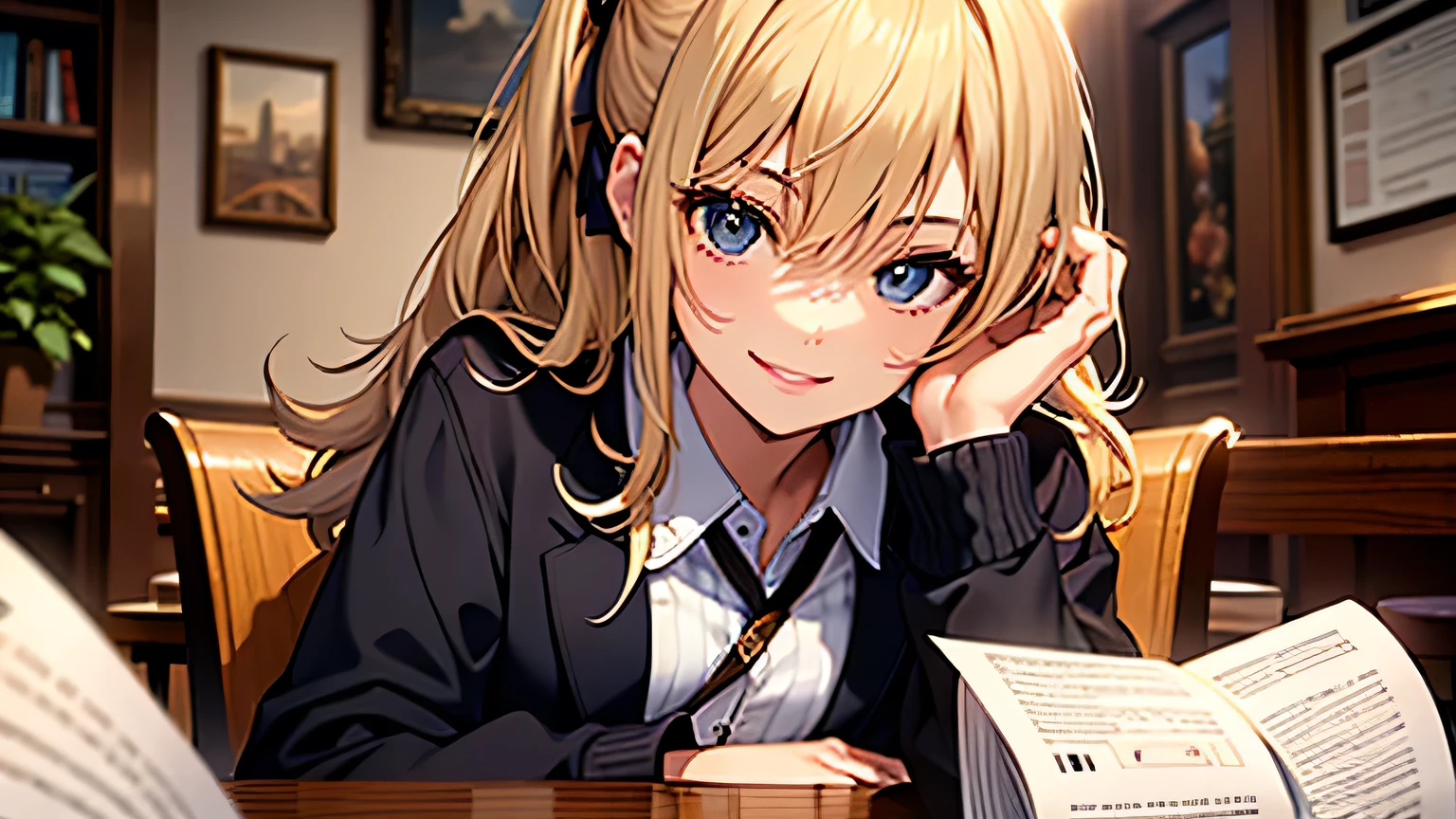 ((highest quality)), ((masterpiece)), (detailed), Perfect Face、Cafe、Negotiations、Papers on the table、coffee、blonde、Smooth Hair、ponytail、Black jacket、White shirt、smile、Cowboy Shot、