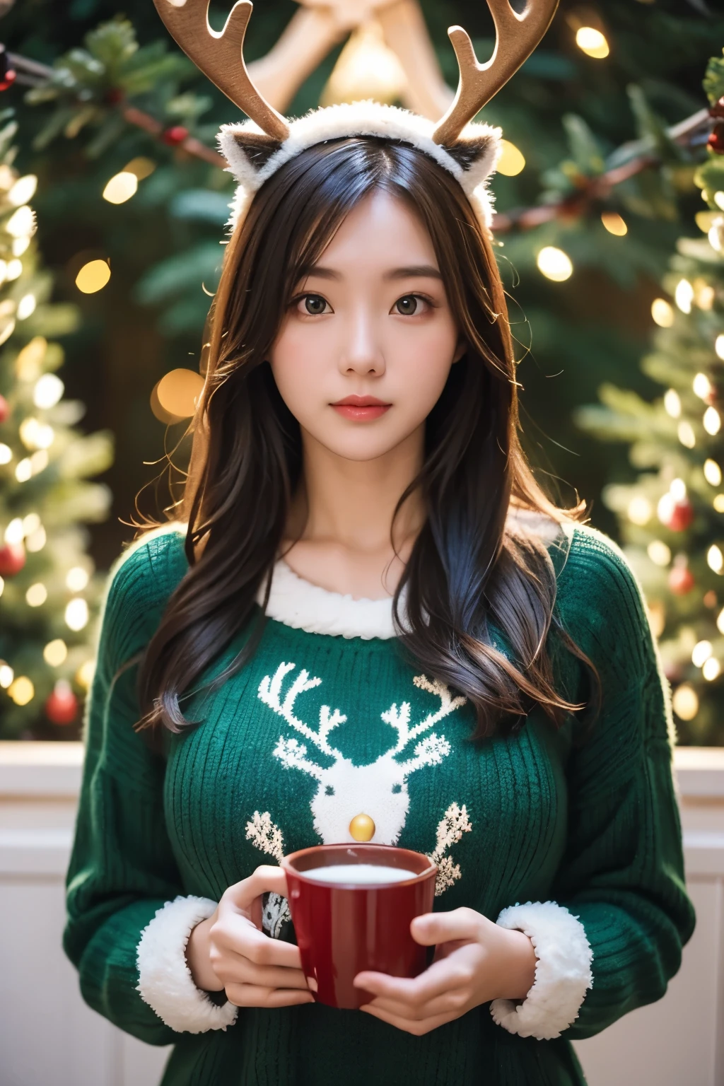 Beautiful woman in front of a large Christmas tree. Warm lighting, green reindeer pattern knit,