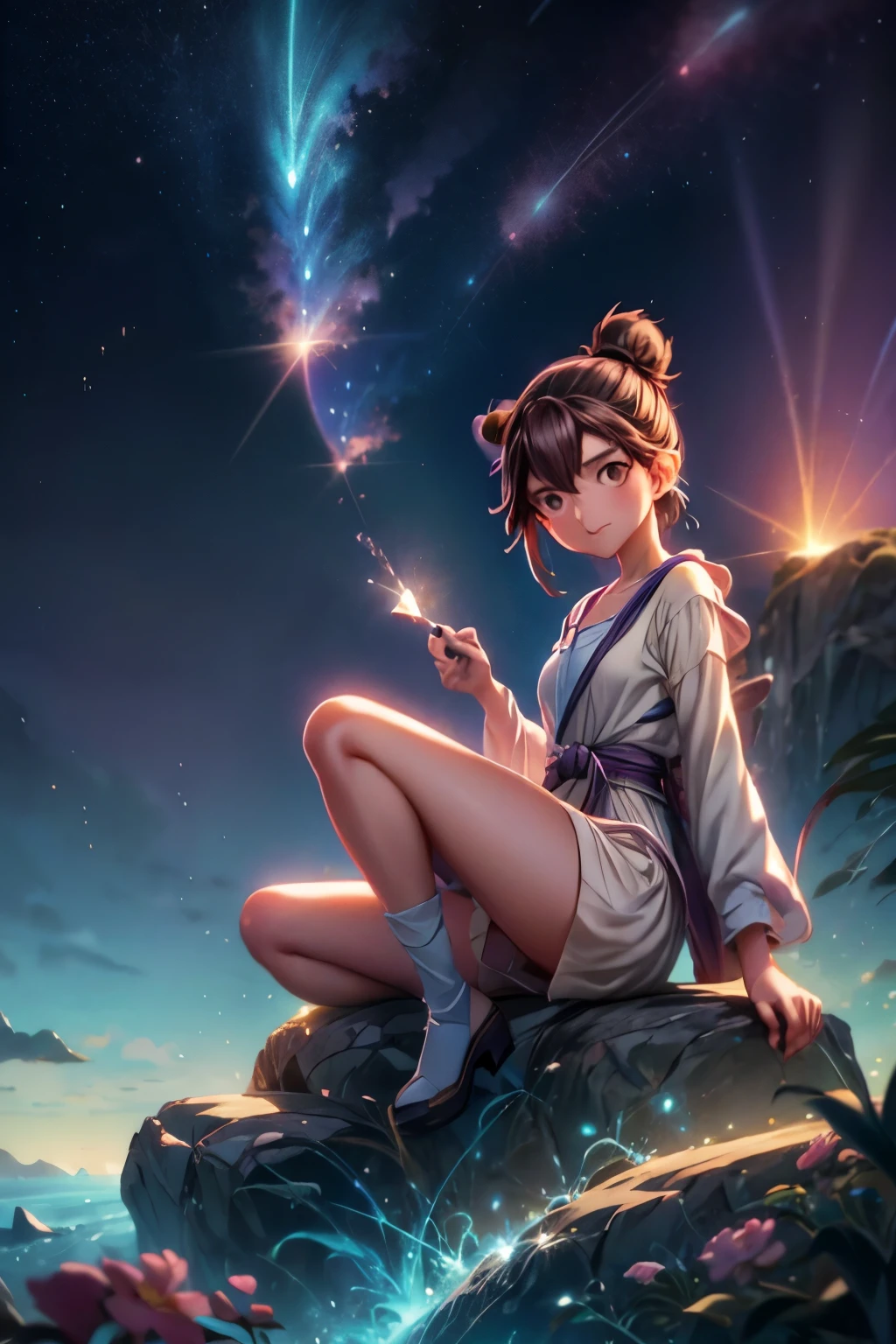 anime girl sitting on a rock looking at the sky,a sky piercing tower far far away, makoto shinkai cyril rolando, anime art wallpaper 4 k, anime art wallpaper 4k, cyril rolando and goro fujita, anime art wallpaper 8 k, 4k anime wallpaper, anime wallpaper 4 k, anime wallpaper 4k, ( ( makoto shinkai ) ), makoto shinkai!