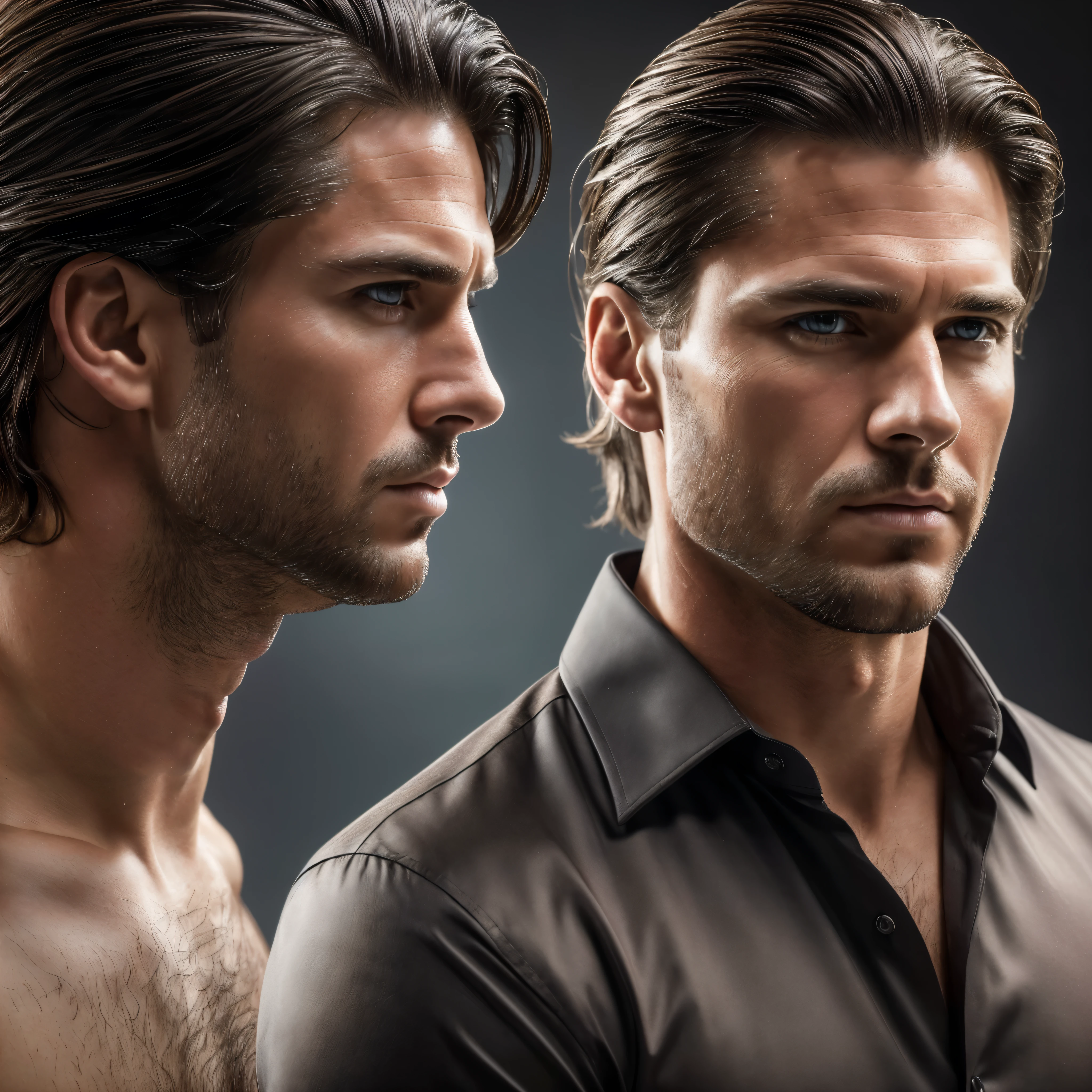 (melhor qualidade,4k,8K,high resolution,Obra de arte:1.2),ultra-detalhado,(realista,photorealista,photo-realista:1.37),parte traseira lisa homem americano,medium-length brown hair,slightly messy hairstyle,camisa formal preta,detailed facial features,intense gaze
,cores vibrantes,studio lighting,sombras sutis,sharp focus,fundo suave,estilo retrato