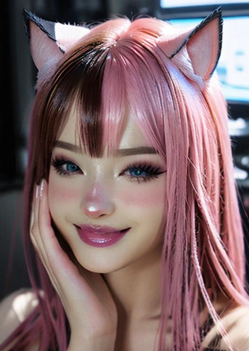 1girl,,egirlmakeup,smile,avatar \(ff14\),egirlmakeup,pink hair, cat ears,