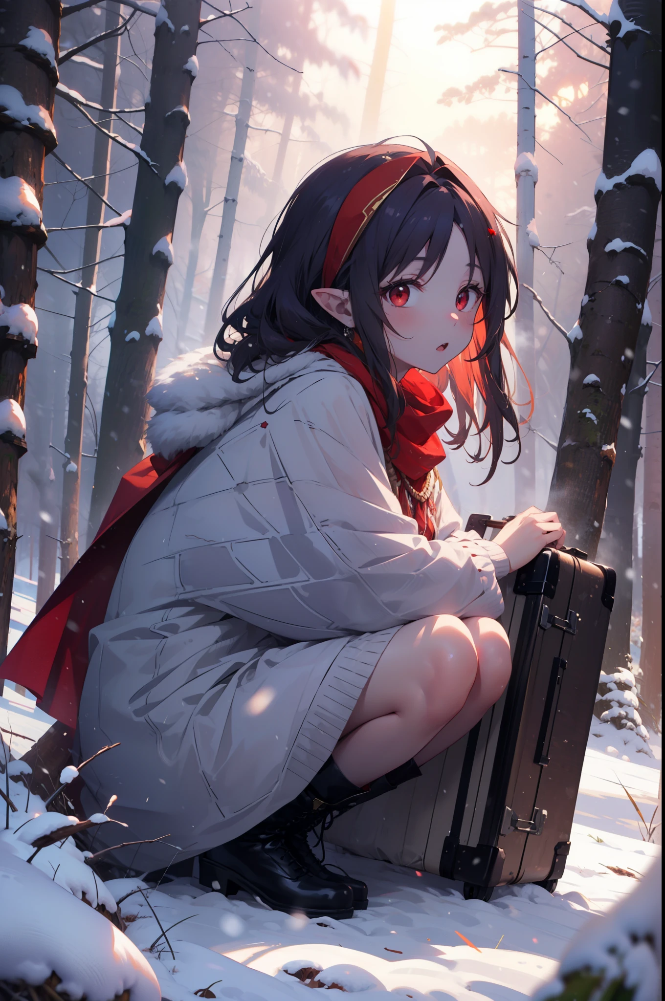 yuukikonno, Yuki Konno, hair band, Long Hair, Pointy Ears, Purple Hair, (Red eyes:1.5), (Small breasts:1.2), Open your mouth,snow,fire, Outdoor, boots, snowing, From the side, wood, suitcase, Cape, Blurred, forest, nature, Brown eyes, Squat, Mouth closed, フードed Cape, winter, Written boundary depth, Black shoes, red Cape
break looking at viewer, Upper Body, whole body,
break Outdoor, forest, nature,
break (masterpiece:1.2), highest quality, High resolution, unity 8k wallpaper, (shape:0.8), (Fine and beautiful eyes:1.6), Highly detailed face, Perfect lighting, Highly detailed CG, (Perfect hands, Perfect Anatomy),