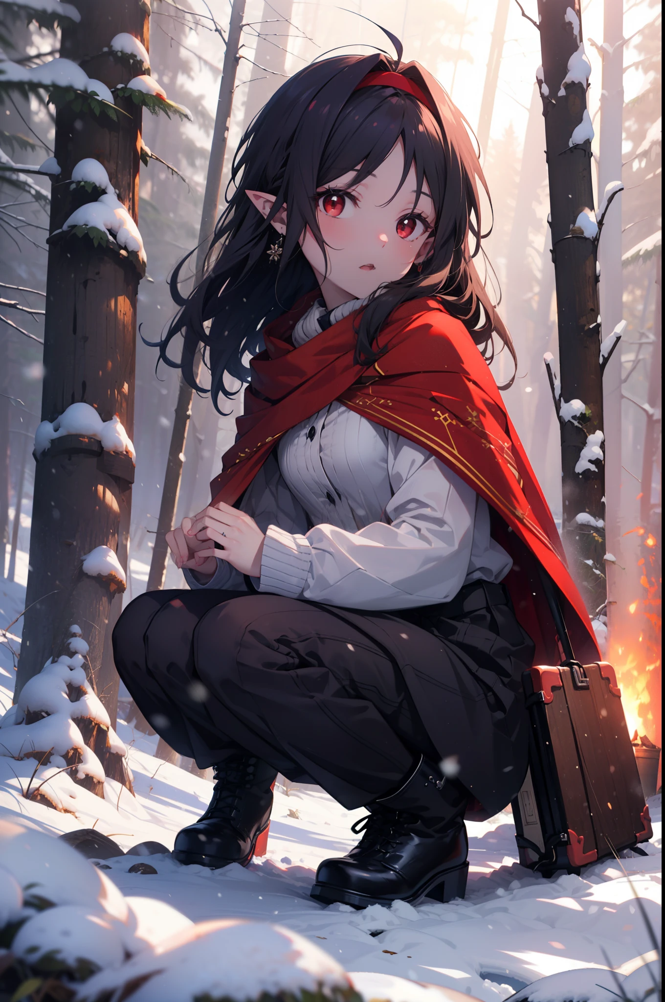 yuukikonno, Yuki Konno, hair band, Long Hair, Pointy Ears, Purple Hair, (Red eyes:1.5), (Small breasts:1.2), Open your mouth,snow,fire, Outdoor, boots, snowing, From the side, wood, suitcase, Cape, Blurred, forest, nature, Brown eyes, Squat, Mouth closed, フードed Cape, winter, Written boundary depth, Black shoes, red Cape
break looking at viewer, Upper Body, whole body,
break Outdoor, forest, nature,
break (masterpiece:1.2), highest quality, High resolution, unity 8k wallpaper, (shape:0.8), (Fine and beautiful eyes:1.6), Highly detailed face, Perfect lighting, Highly detailed CG, (Perfect hands, Perfect Anatomy),