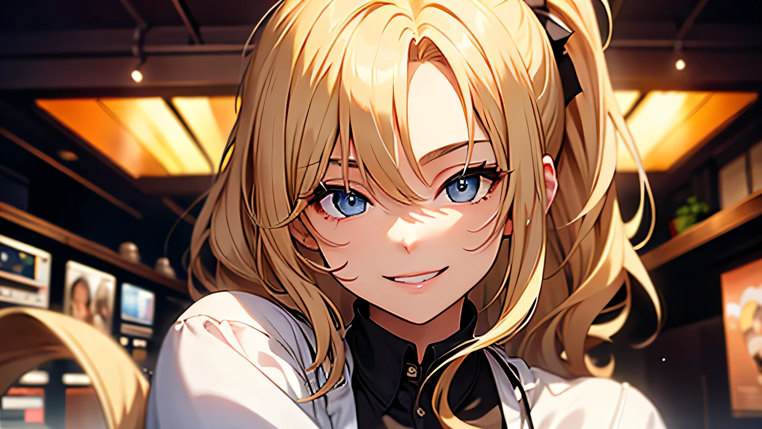 ((highest quality)), ((masterpiece)), (detailed), Perfect Face、Cafe、Negotiations、blonde、Smooth Hair、ponytail、Black jacket、White shirt、smile、Cowboy Shot、
