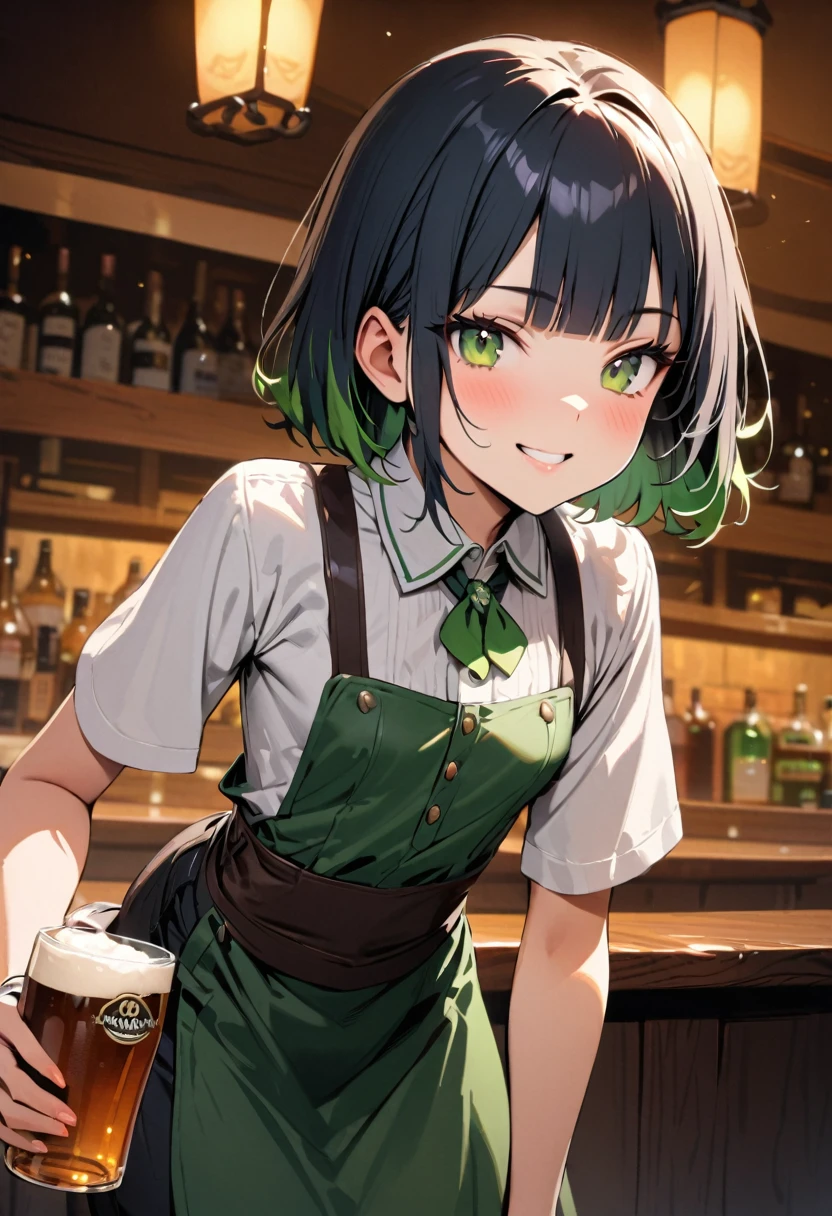 (Irish pub waitress),Carrying beer,,cute,detailed face,smile,BREAK (navy hair),(wavy-short hair),parallel eyebrows,eyes with large irises,blunt bangs,fresh lips,small nose,(small breasts),small hip,(5feet tall)), pop (masterpiece, best quality:1.1),detailed hand,
