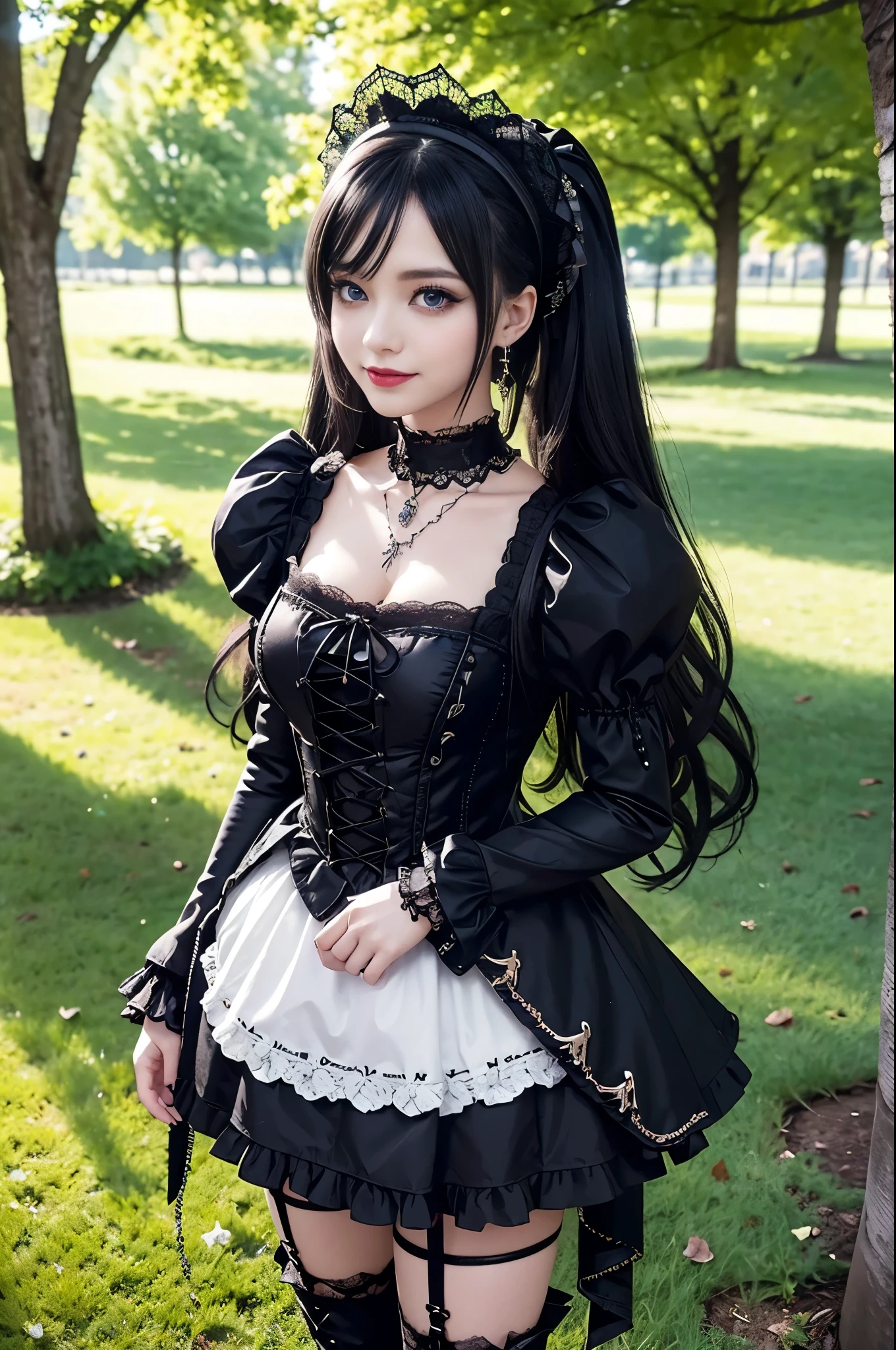 sexy stylish Swedish model, only 1 female, ((doll-like appearance)), ((ultra detailed Platform boots)), (big smile), ultra detailed eyes, vivid eye makeup, lipgloss, long lashes, defined eyebrows, ((sexy Gothic ta cosplay)), bell-shaped skirt, petticoats, high neckline, puffed sleeves, ((ultra detailed lace)), ((ultra detailed embroidery)), intricate details, Gothic Loliccessoires and matching headpiece, Gothic Lolita cr, ((large sparkling Gothic Lolita jewel, cinematic light, detailed large park background with trees