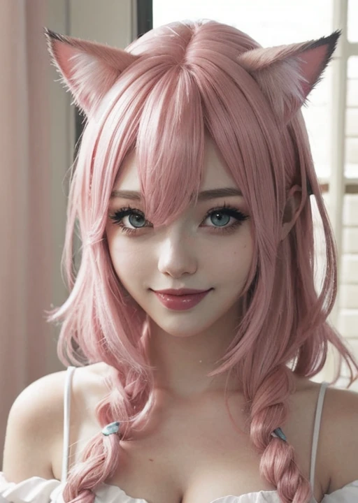 (amia:0.9), closed mouth, 13 year old girl, cat ears, pink hair, short hair, face focus, slim, slender, looking at viewer, (masterpiece), (best quality:1.2), absurdres, intricate details, rimlit, (highly detailed skin:1.2),